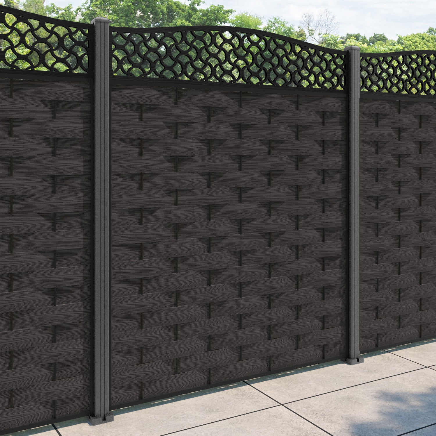 Ripple Vida Curved Top Fence Panel - Dark Oak - with our aluminium posts