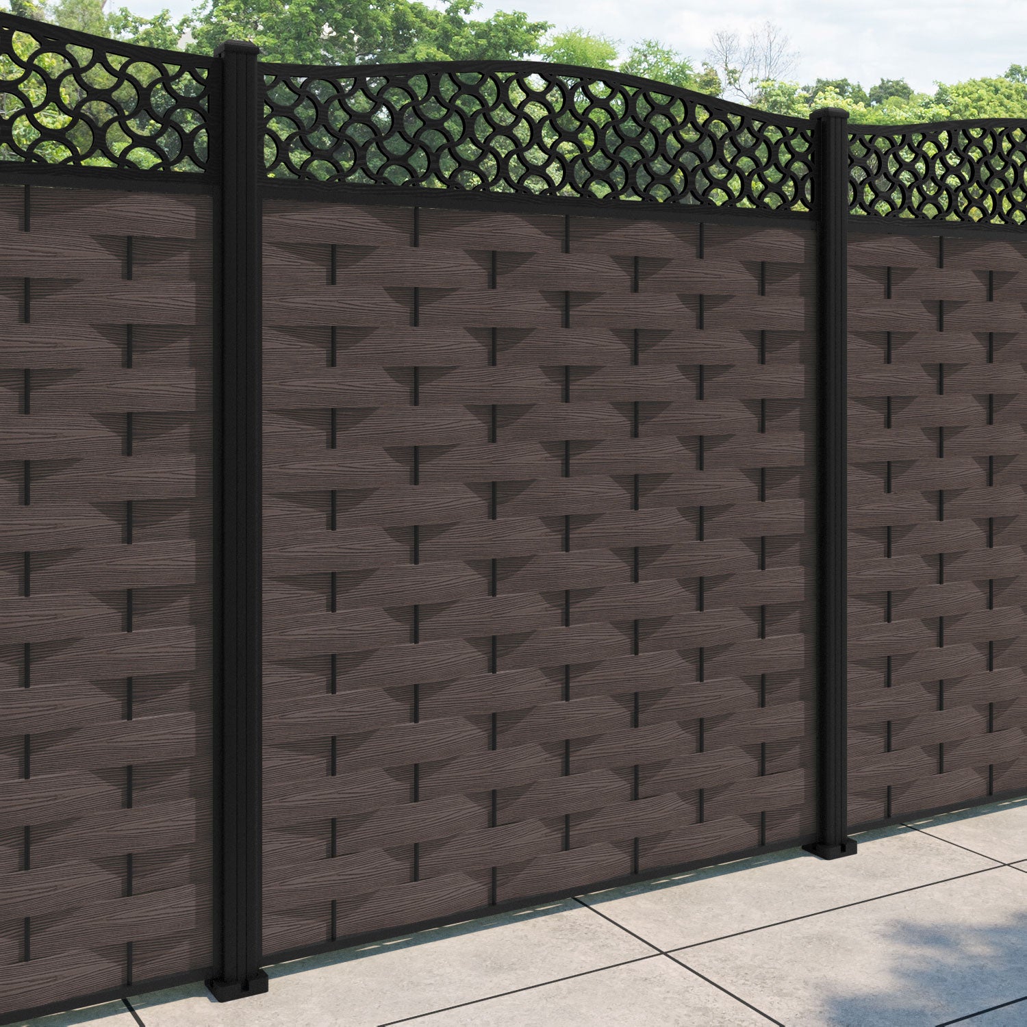 Ripple Vida Curved Top Fence Panel - Mid Brown - with our aluminium posts