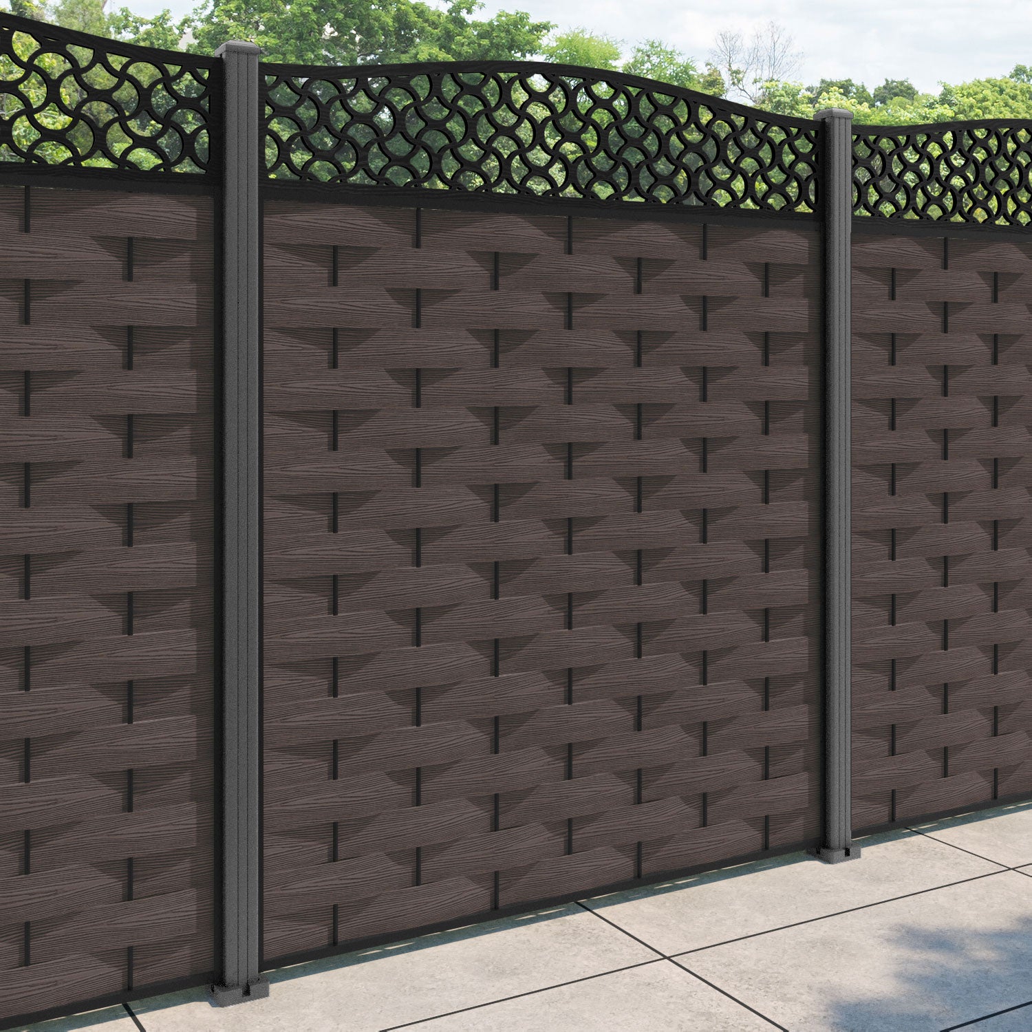 Ripple Vida Curved Top Fence Panel - Mid Brown - with our aluminium posts