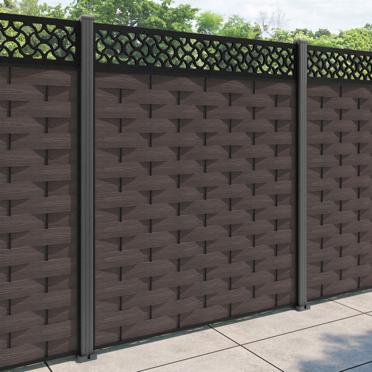 Ripple Vida Fence Panel - Mid Brown - with our aluminium posts