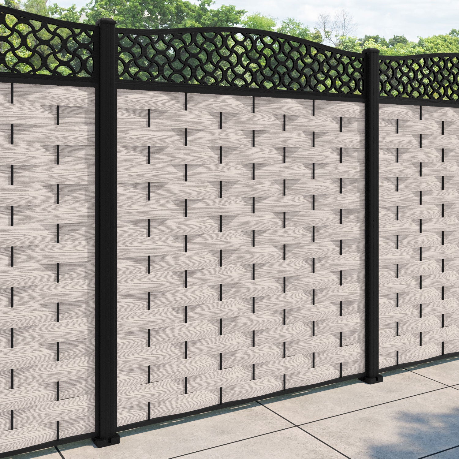 Ripple Vida Curved Top Fence Panel - Mid Stone - with our aluminium posts