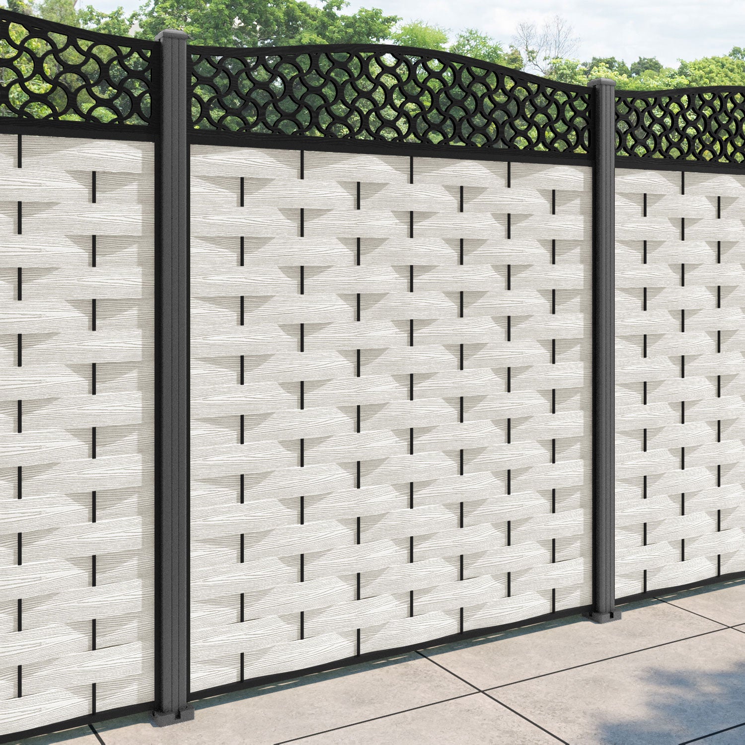 Ripple Vida Curved Top Fence Panel - Light Stone - with our aluminium posts