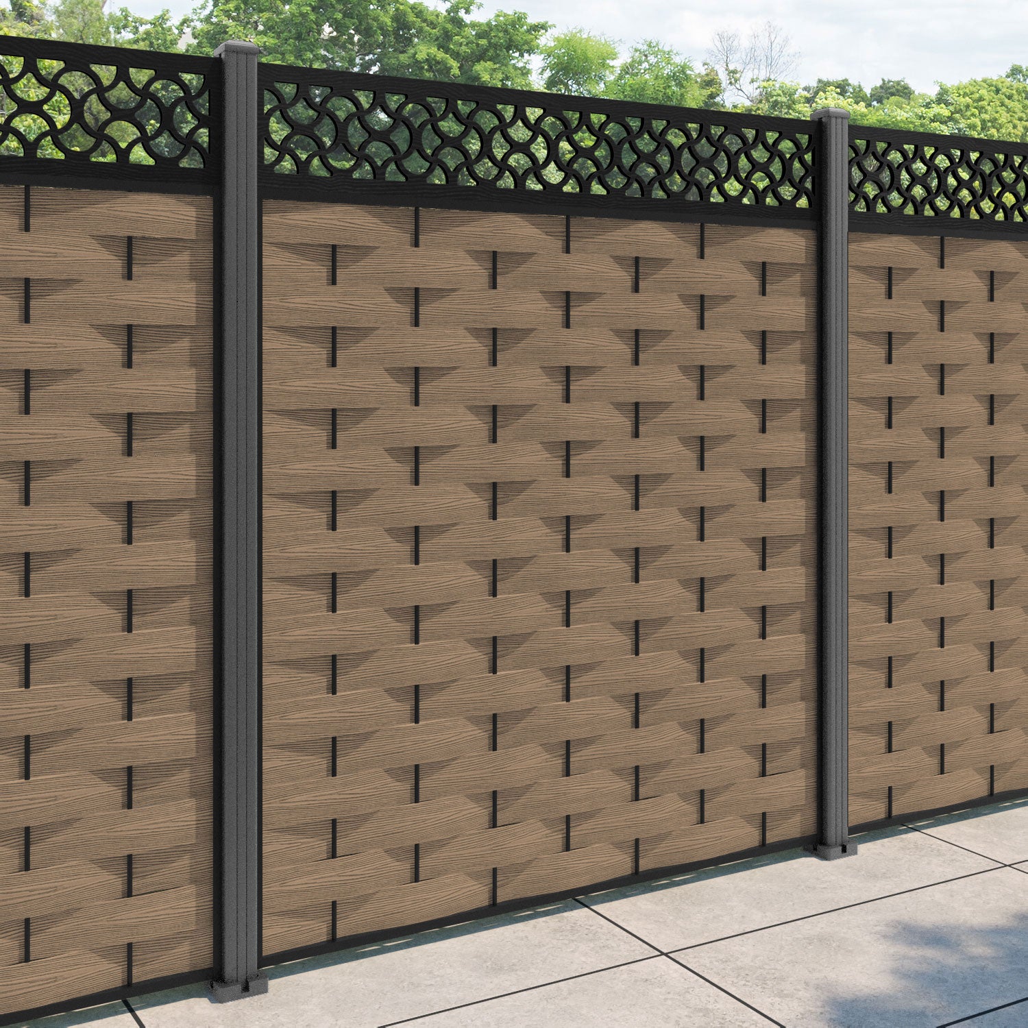 Ripple Vida Fence Panel - Teak - with our aluminium posts