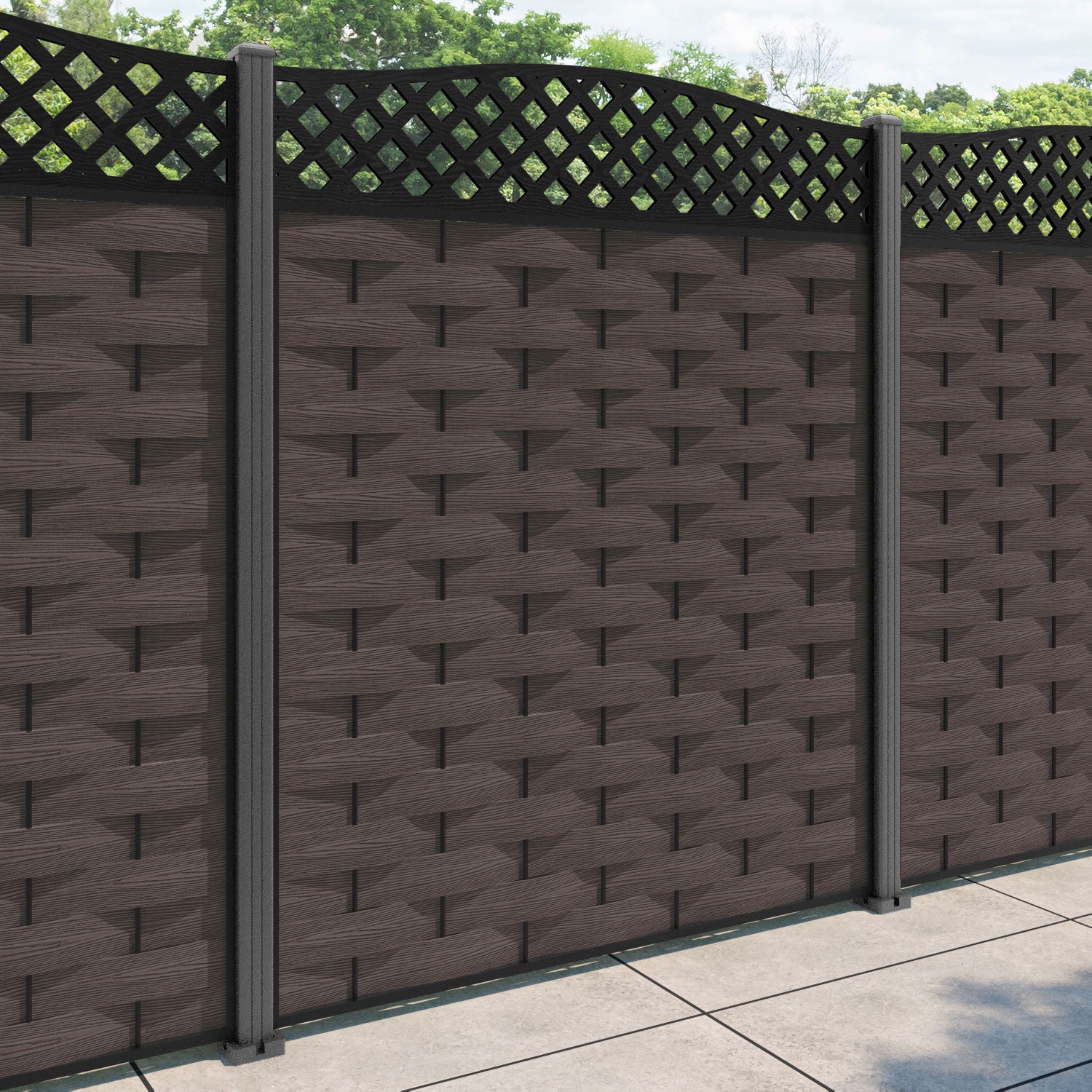 Ripple High Wave Fence Panel - Mid Brown - with our aluminium posts
