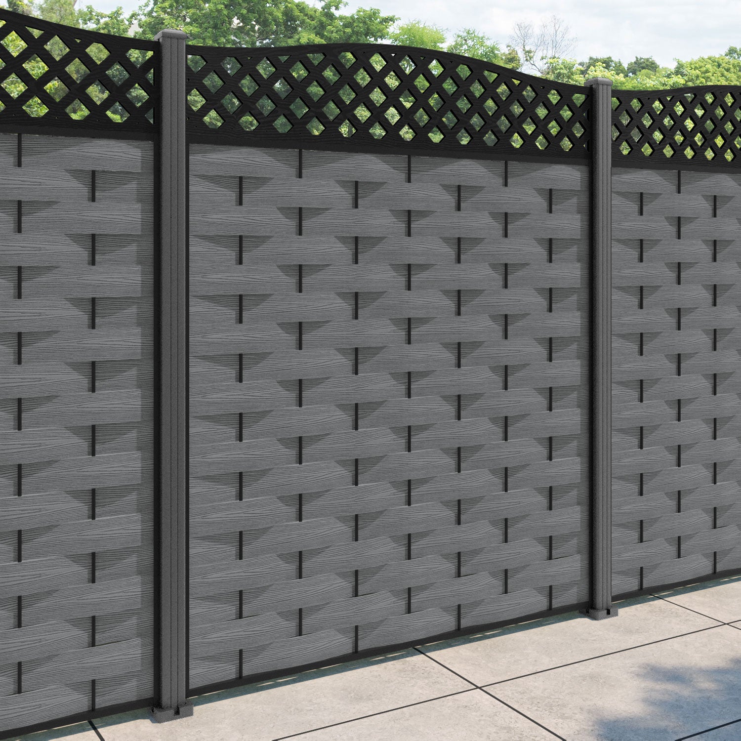 Ripple High Wave Fence Panel - Mid Grey - with our aluminium posts