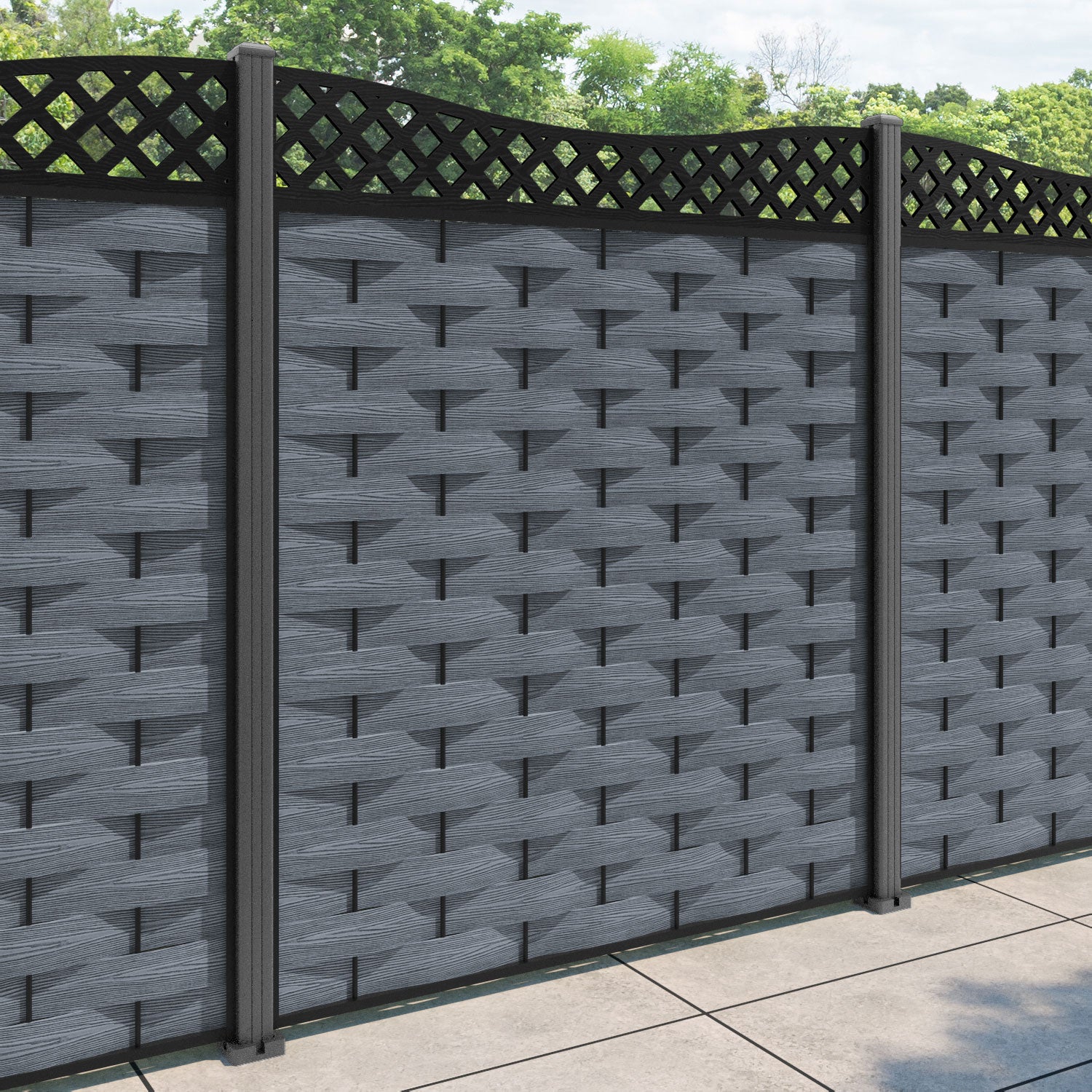 Ripple Low Wave Curved Top Fence Panel - Anthracite - with our aluminium posts
