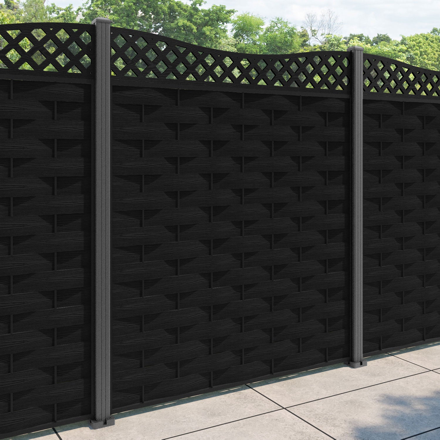 Ripple Low Wave Curved Top Fence Panel - Black - with our aluminium posts