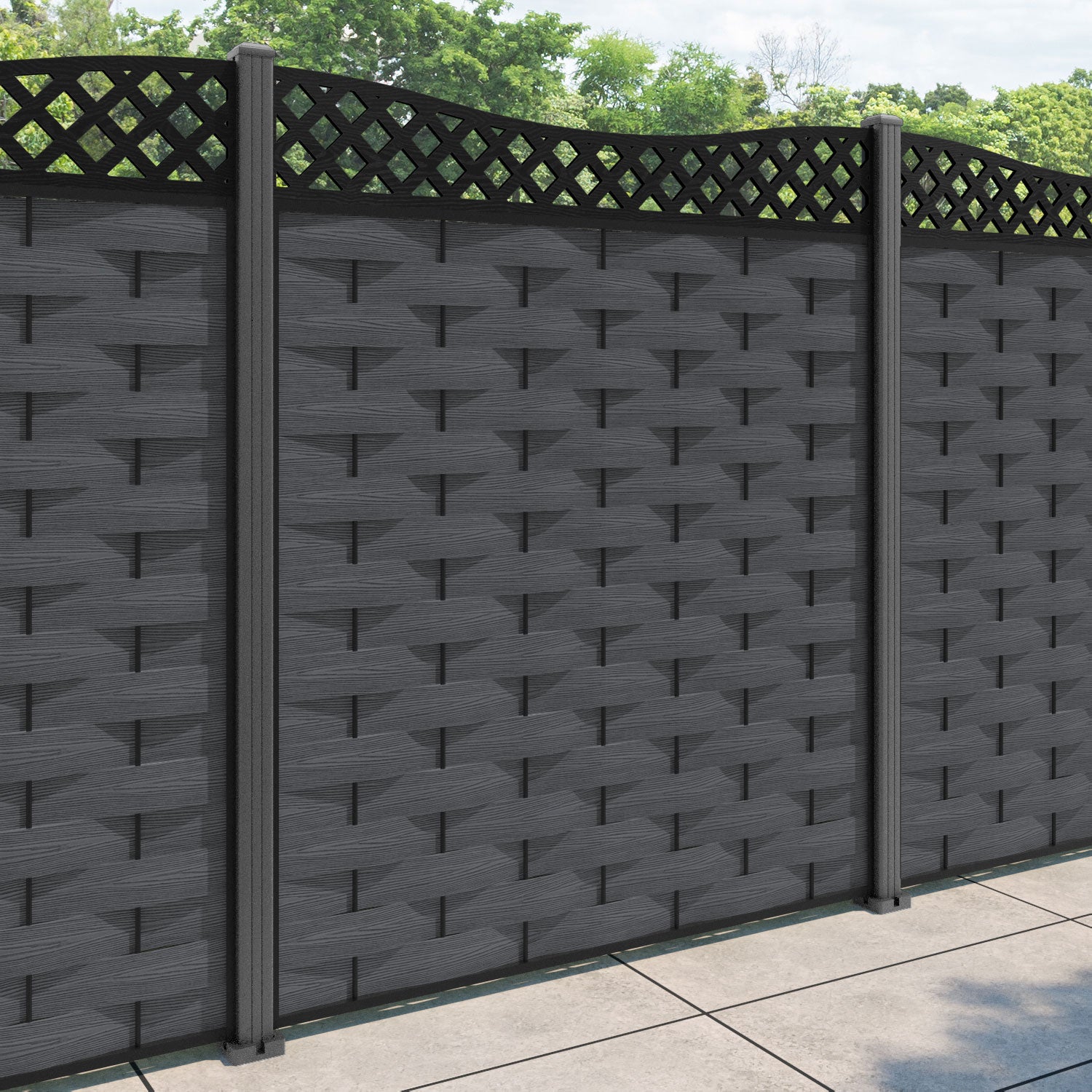 Ripple Low Wave Fence Panel - Dark Grey - with our aluminium posts