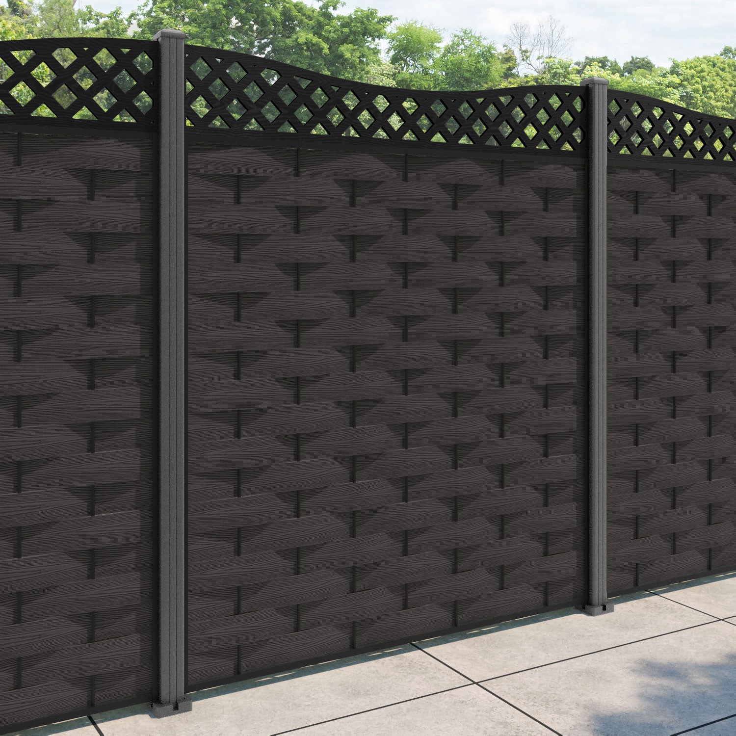 Ripple Low Wave Fence Panel - Dark Oak - with our aluminium posts