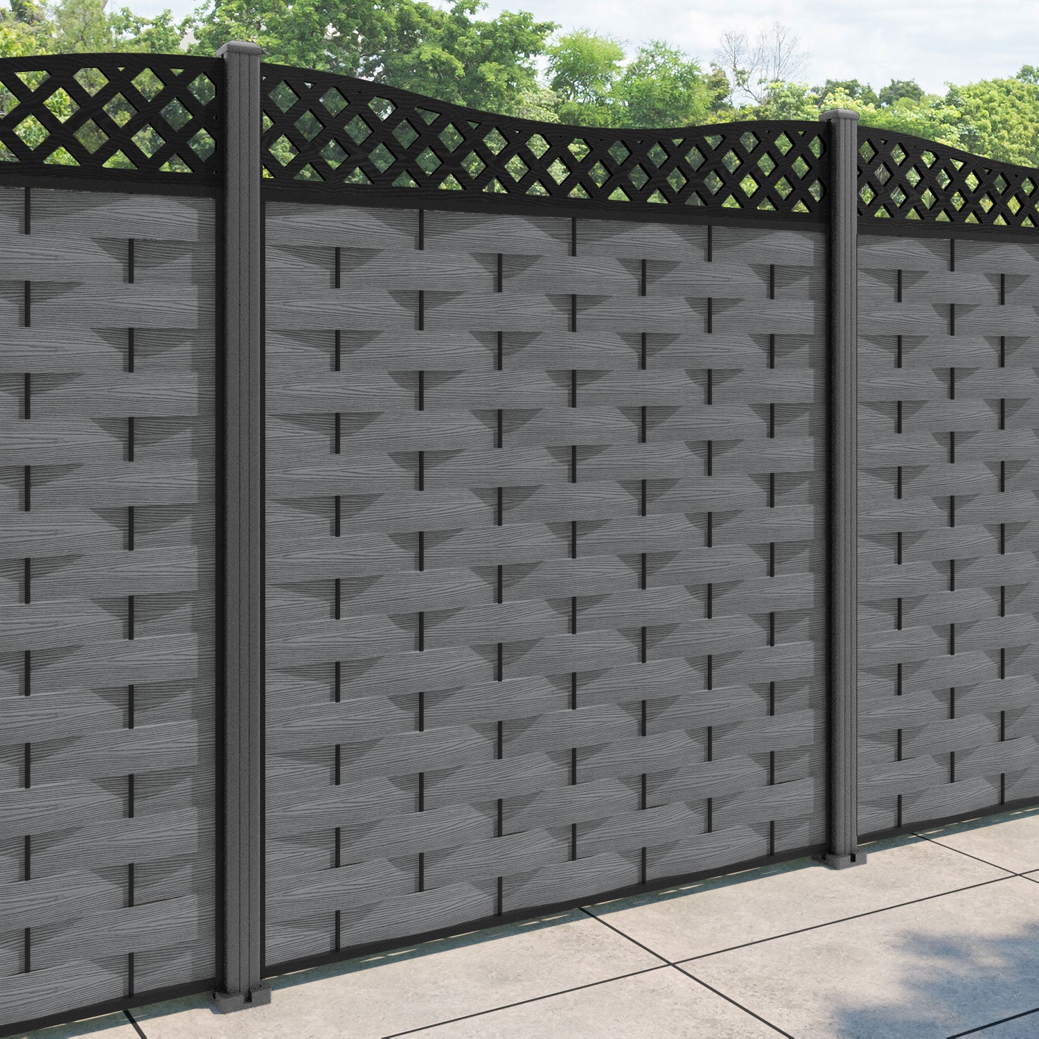 Ripple Low Wave Fence Panel - Mid Grey - with our aluminium posts