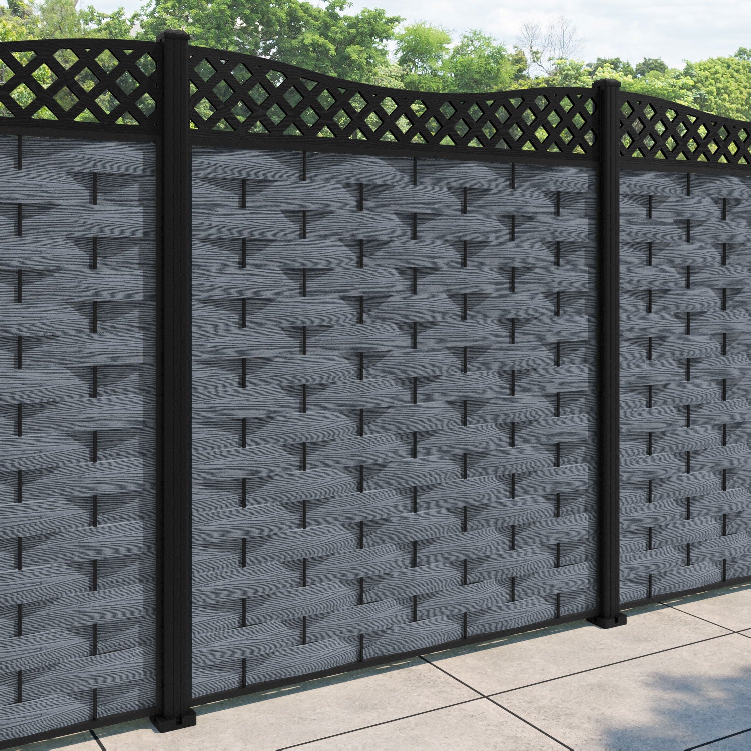 Ripple Low Wave Curved Top Fence Panel - Anthracite - with our aluminium posts