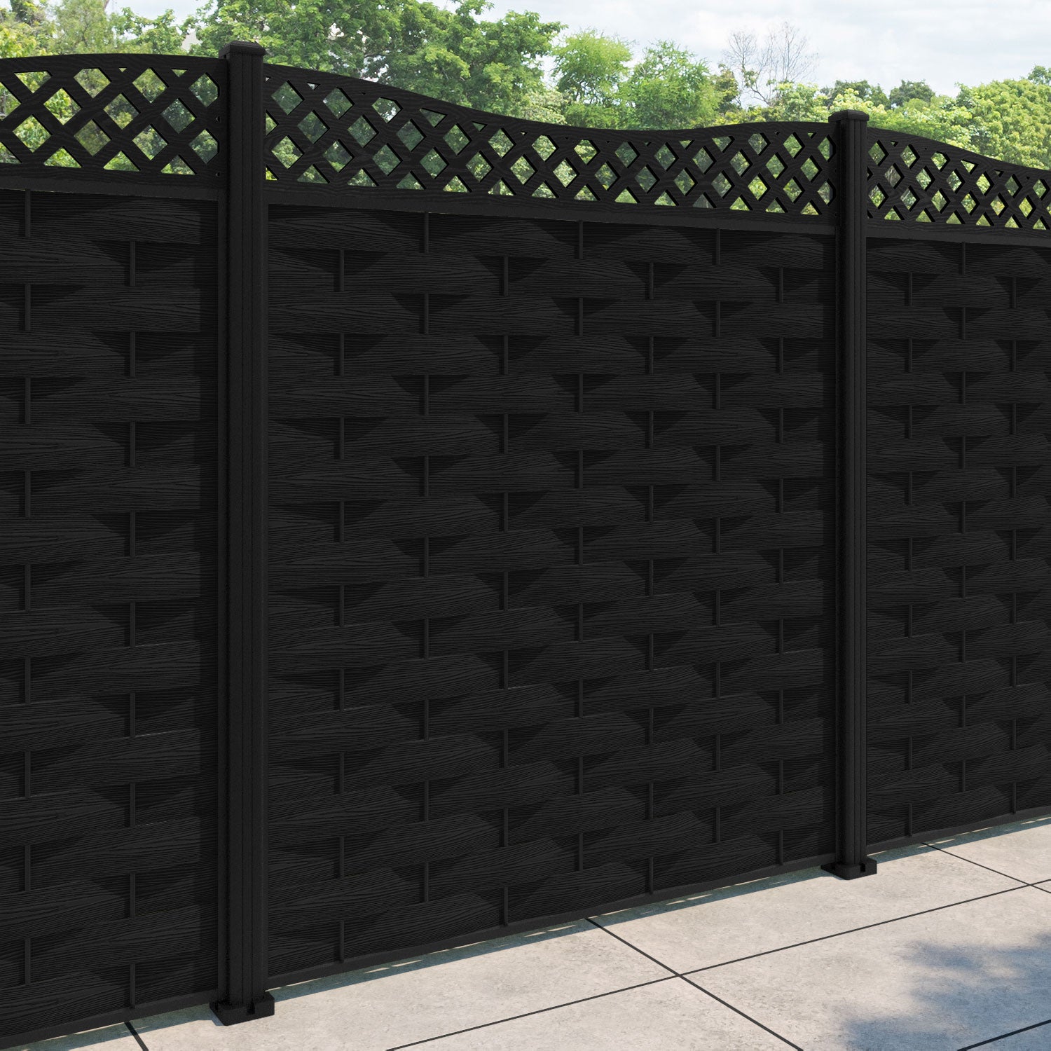 Ripple Low Wave Curved Top Fence Panel - Black - with our aluminium posts