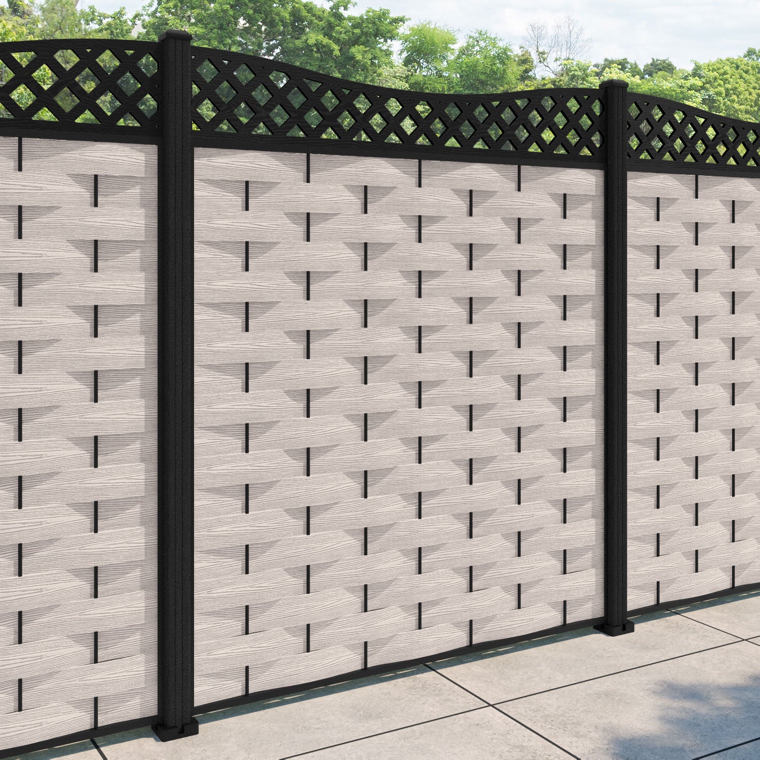 Ripple Low Wave Curved Top Fence Panel - Mid Stone - with our composite posts