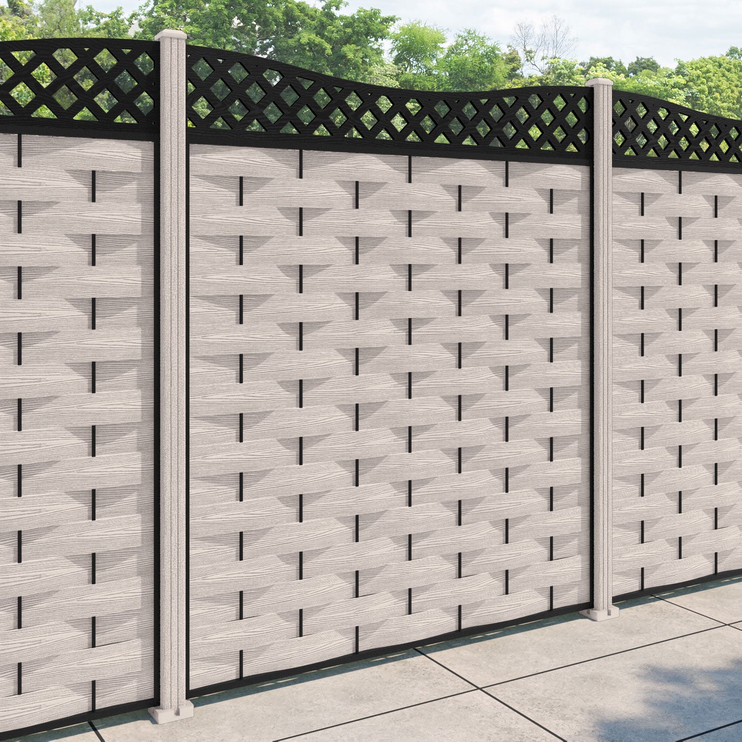 Ripple Low Wave Curved Top Fence Panel - Mid Stone - with our composite posts
