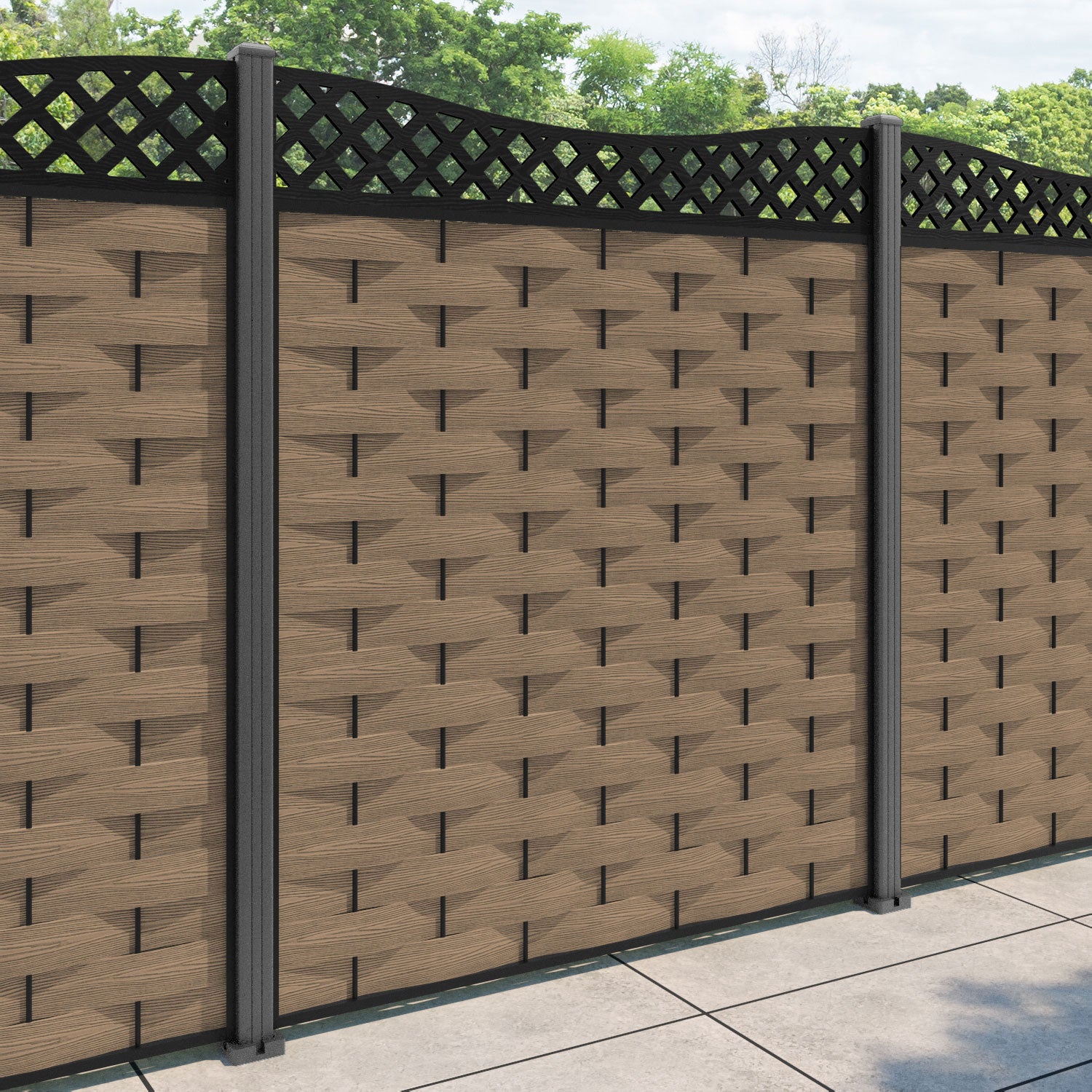 Ripple Low Wave Fence Panel - Teak - with our aluminium posts