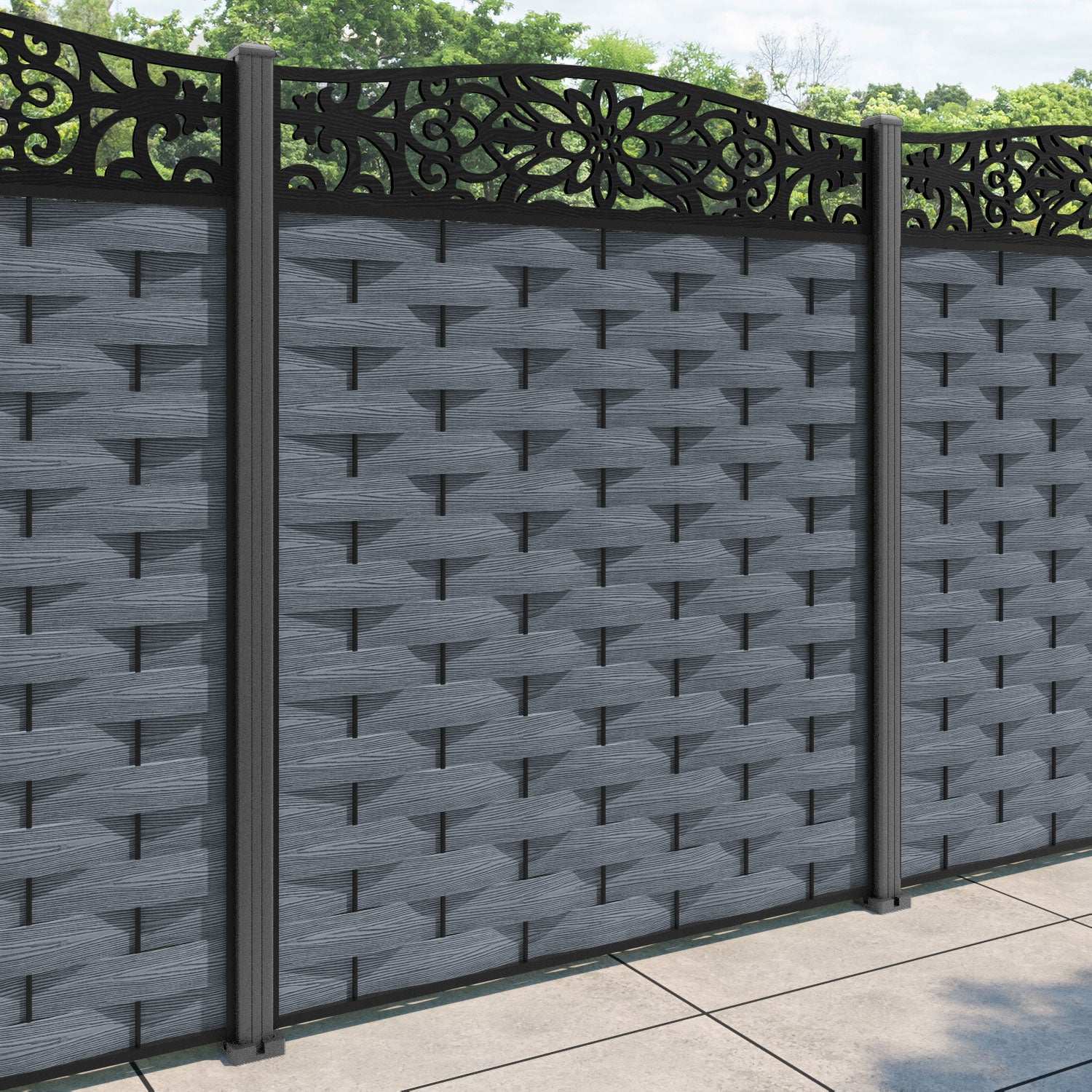 Ripple Windsor Curved Top Fence Panel - Anthracite - with our aluminium posts