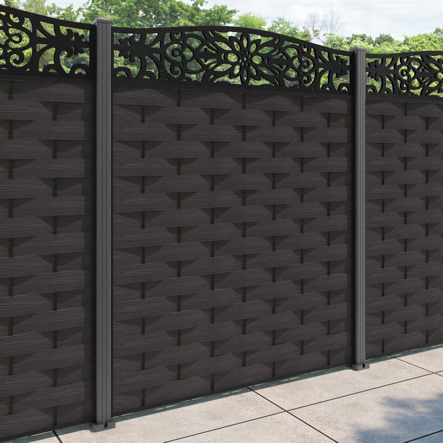 Ripple Windsor Curved Top Fence Panel - Dark Oak - with our aluminium posts