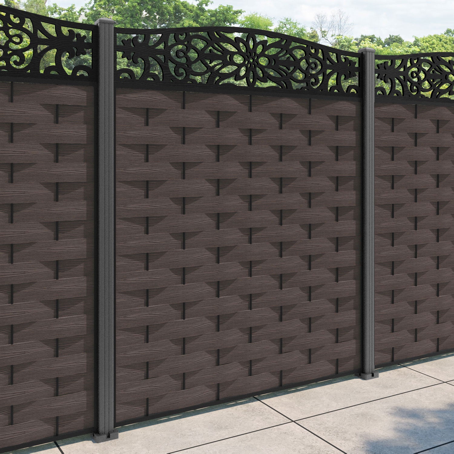 Ripple Windsor Curved Top Fence Panel - Mid Brown - with our aluminium posts