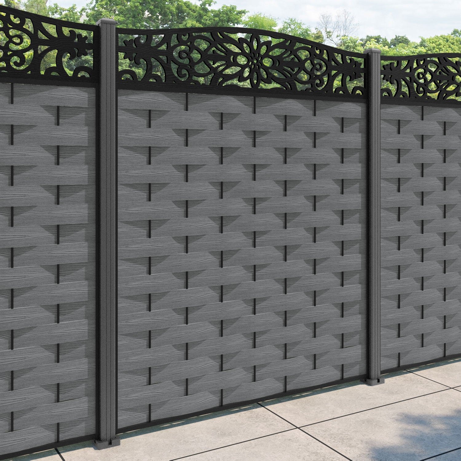 Ripple Windsor Curved Top Fence Panel - Mid Grey - with our aluminium posts