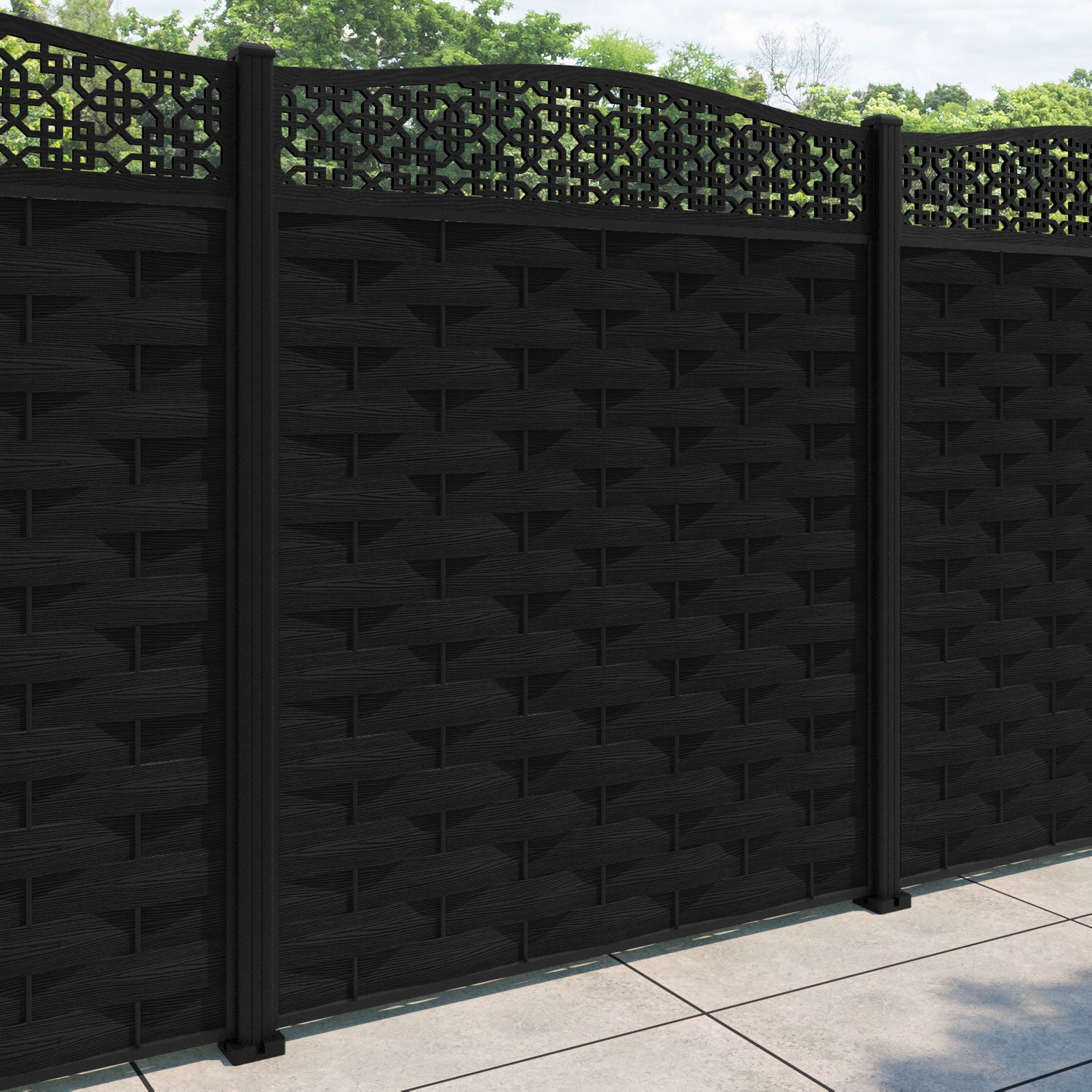Ripple Zaria Curved Top Fence Panel - Black - with our aluminium posts