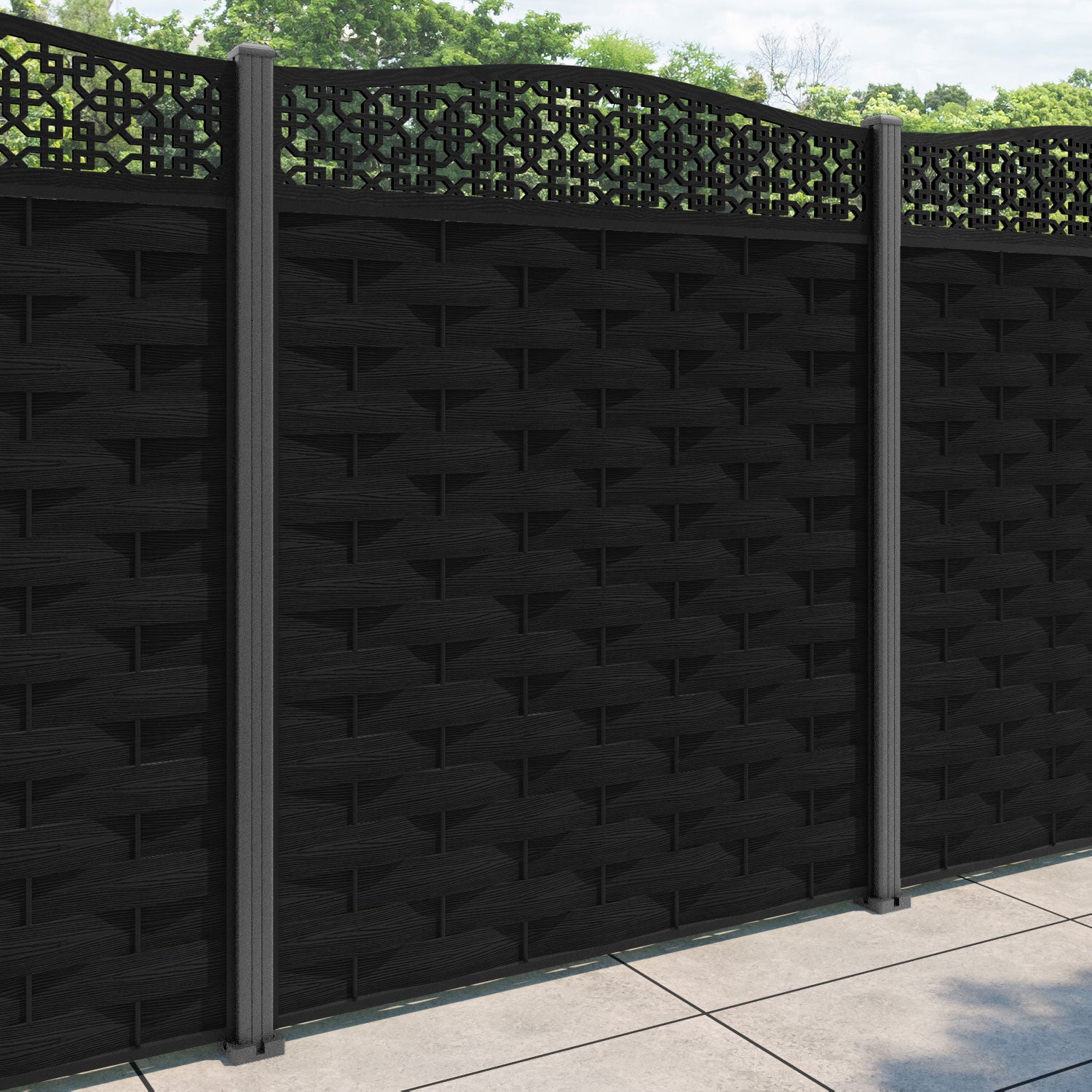 Ripple Zaria Curved Top Fence Panel - Black - with our aluminium posts