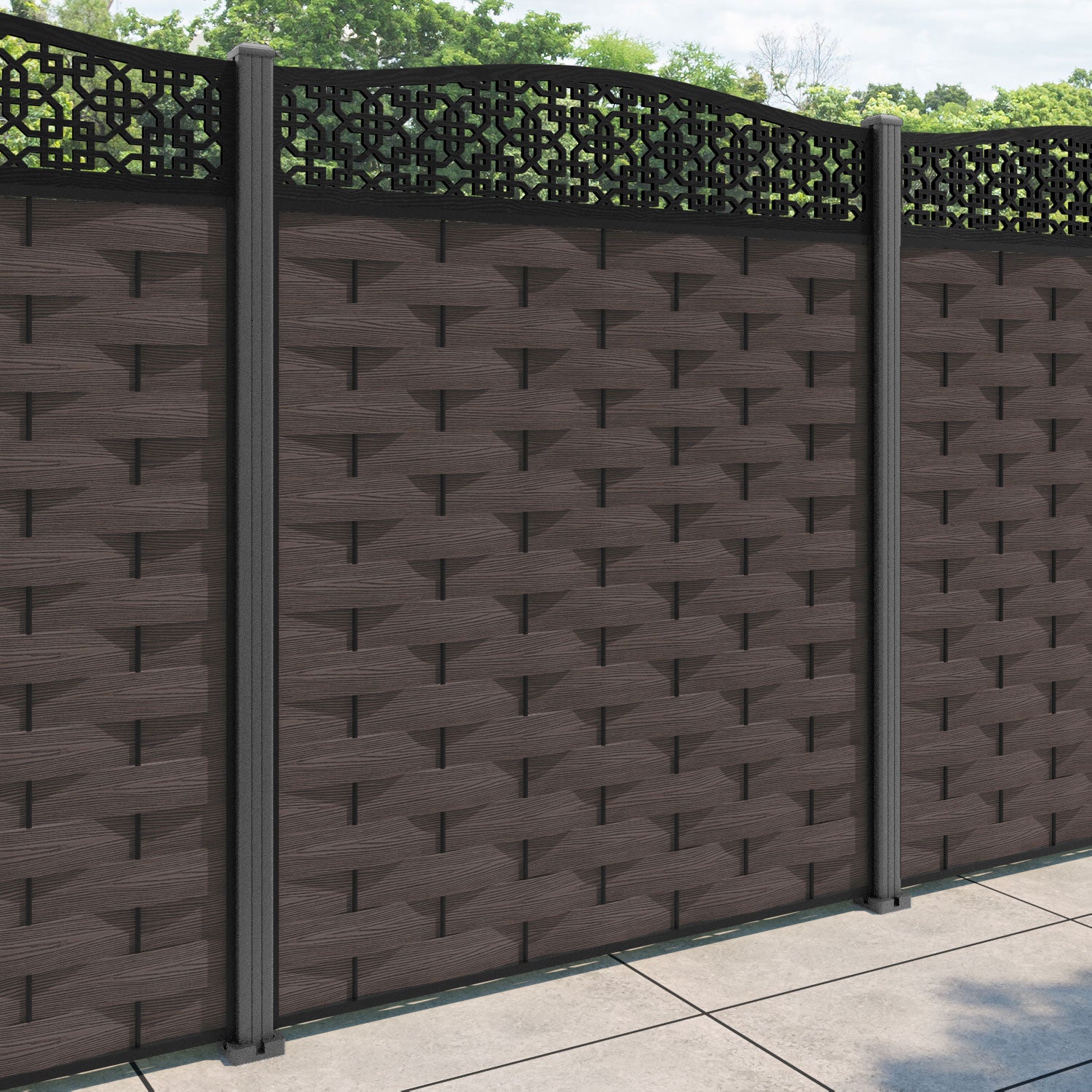 Ripple Zaria Curved Top Fence Panel - Mid Brown - with our aluminium posts