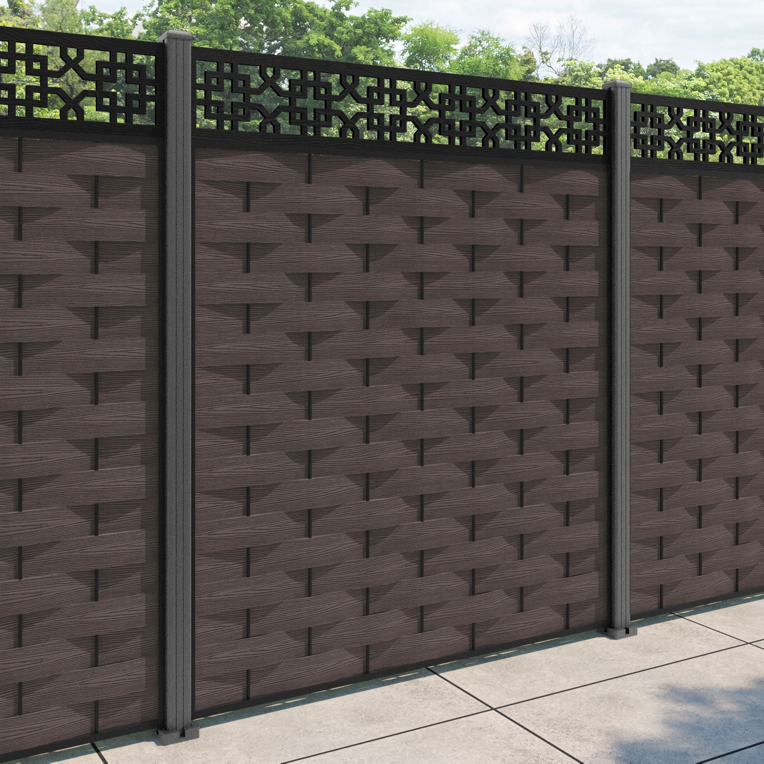 Ripple Zaria Fence Panel - Mid Brown - with our aluminium posts
