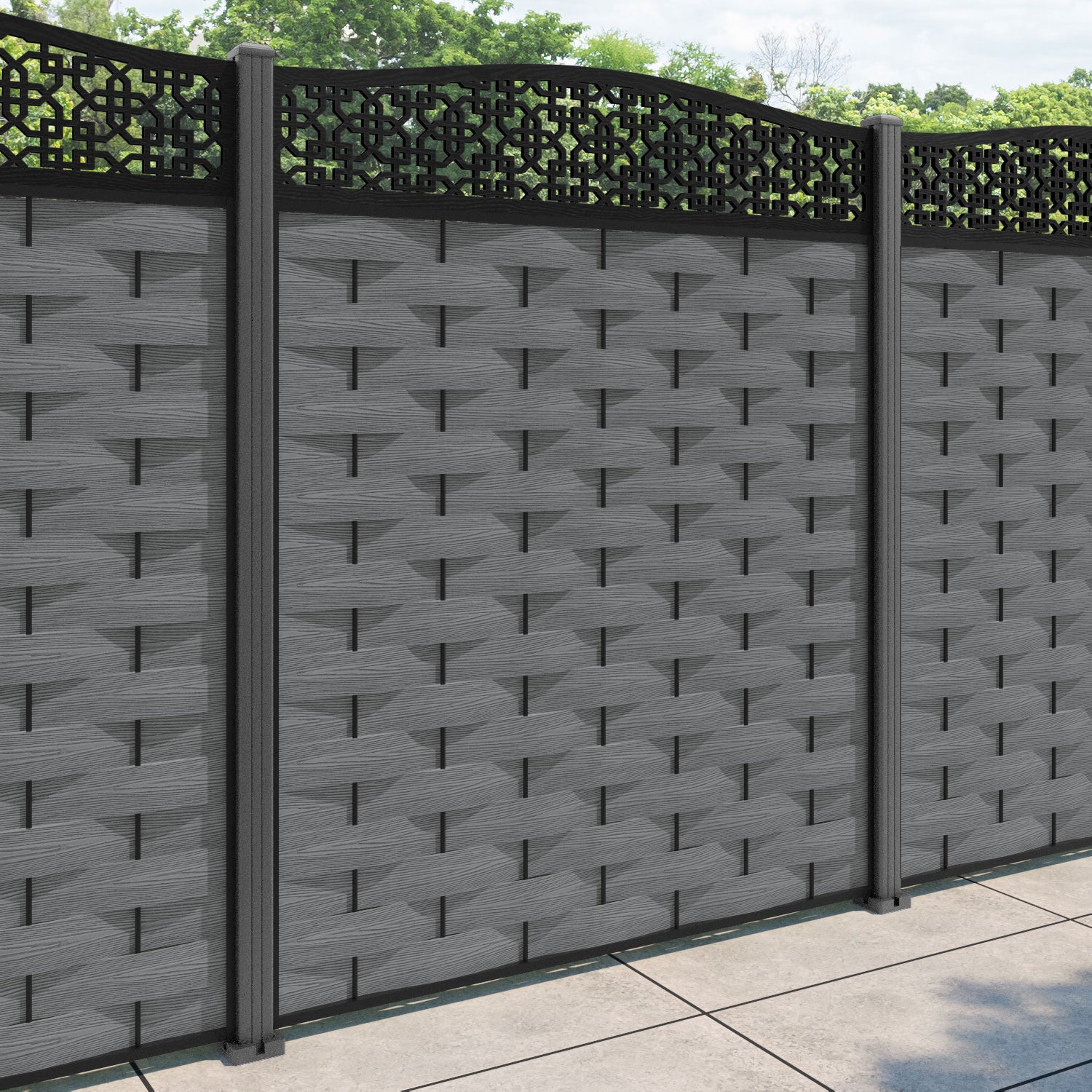 Ripple Zaria Curved Top Fence Panel - Mid Grey - with our aluminium posts