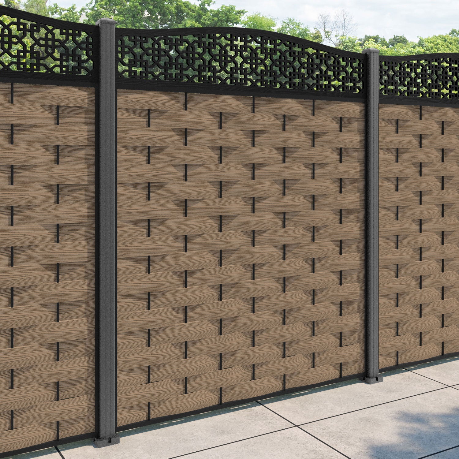 Ripple Zaria Curved Top Fence Panel - Teak - with our aluminium posts