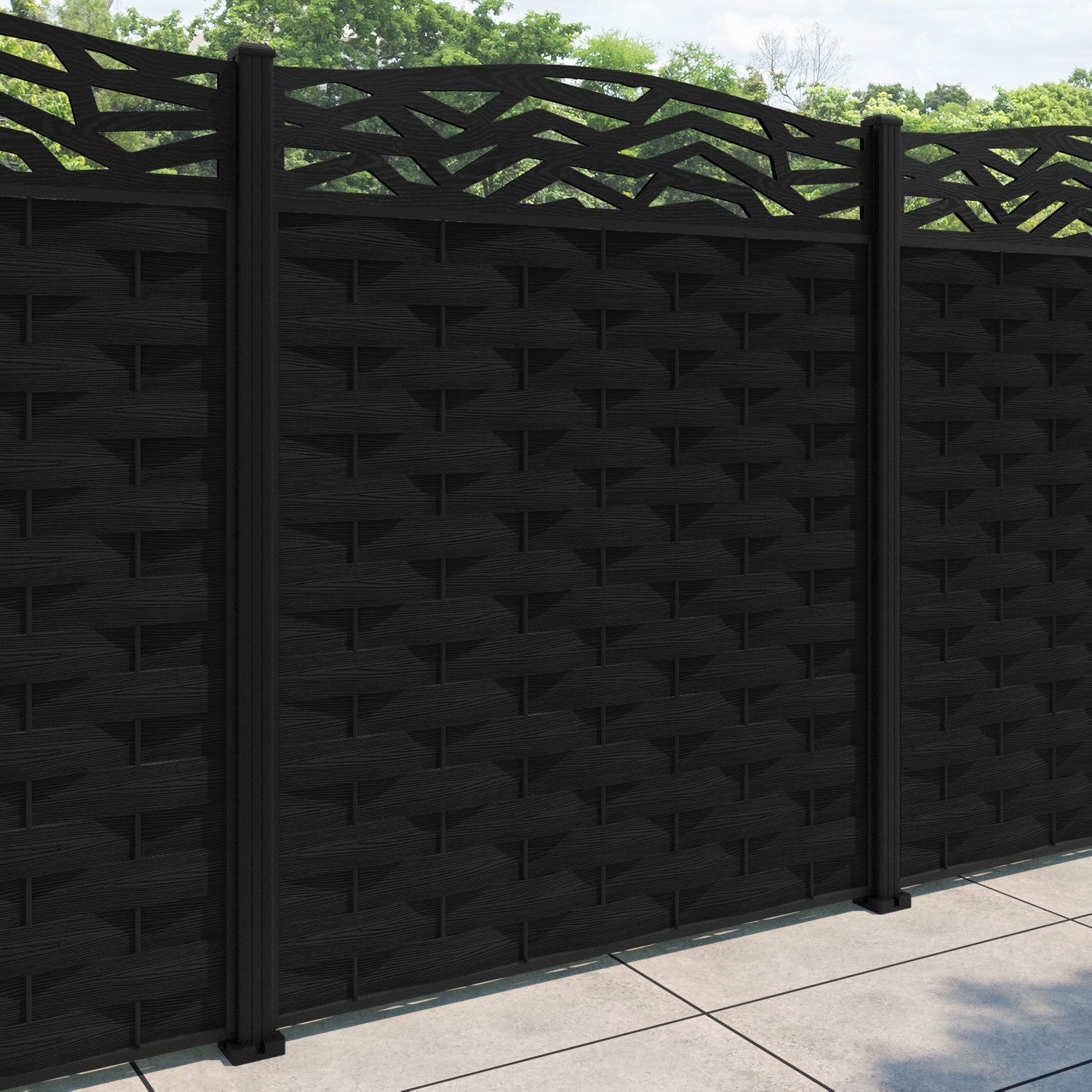 Ripple Zenith Curved Top Fence Panel - Black - with our aluminium posts