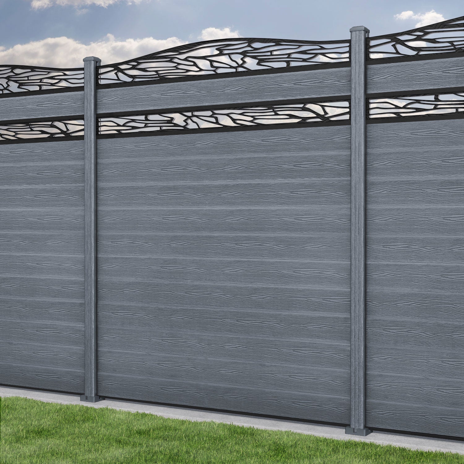 Classic Shatter Curved Top Split Screen Fence Panel - Anthracite - with our composite posts