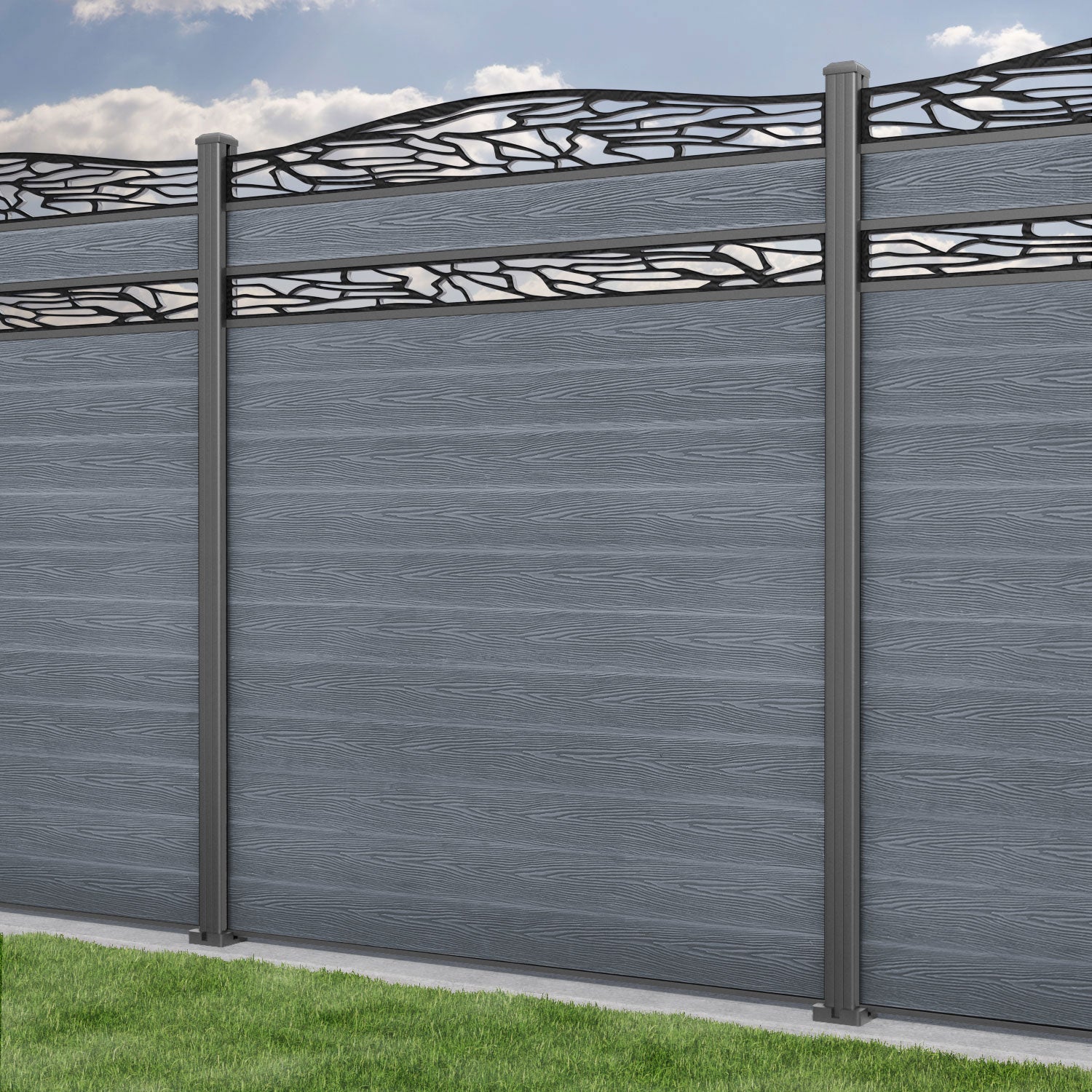 Classic Shatter Curved Top Split Screen Fence Panel - Anthracite - with our aluminium posts