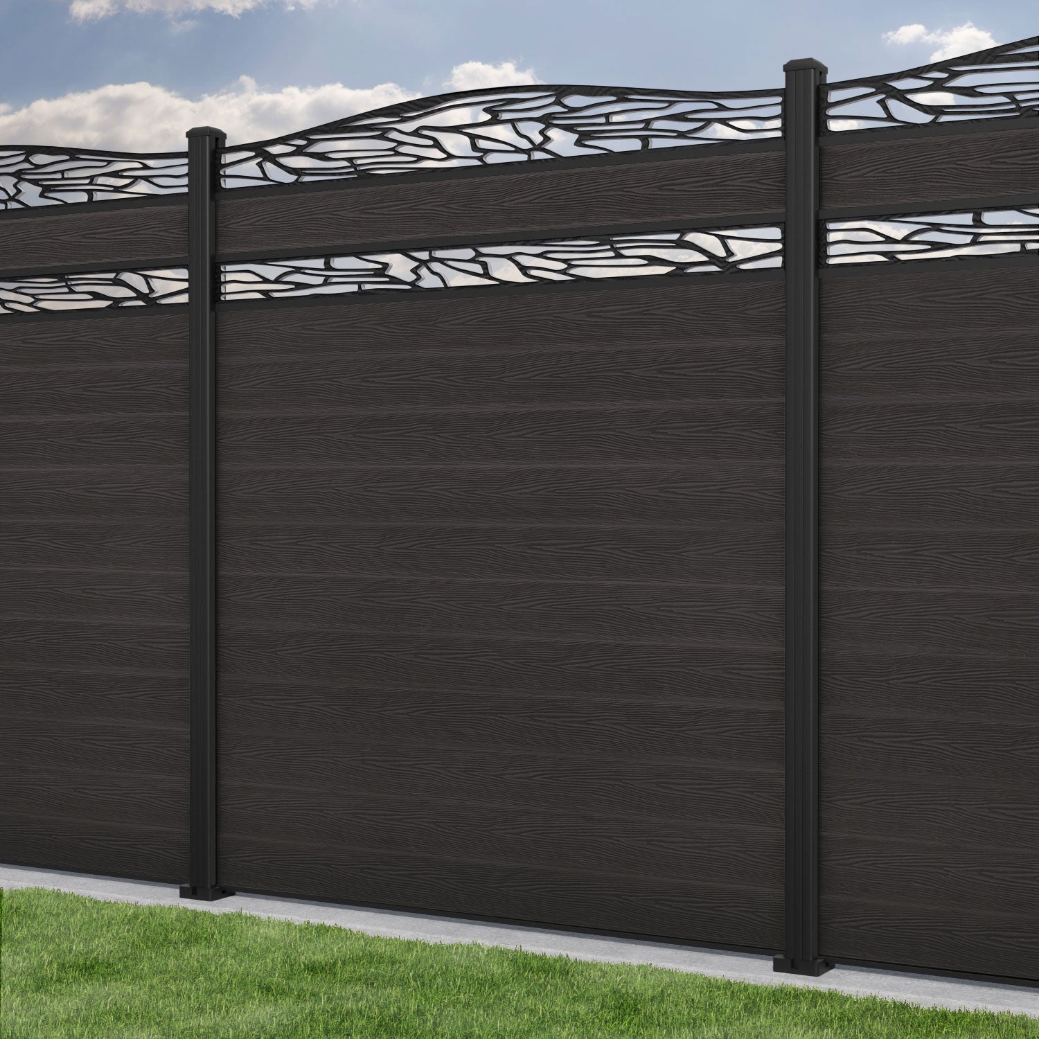 Classic Shatter Curved Top Split Screen Fence Panel - Dark Oak - with our aluminium posts