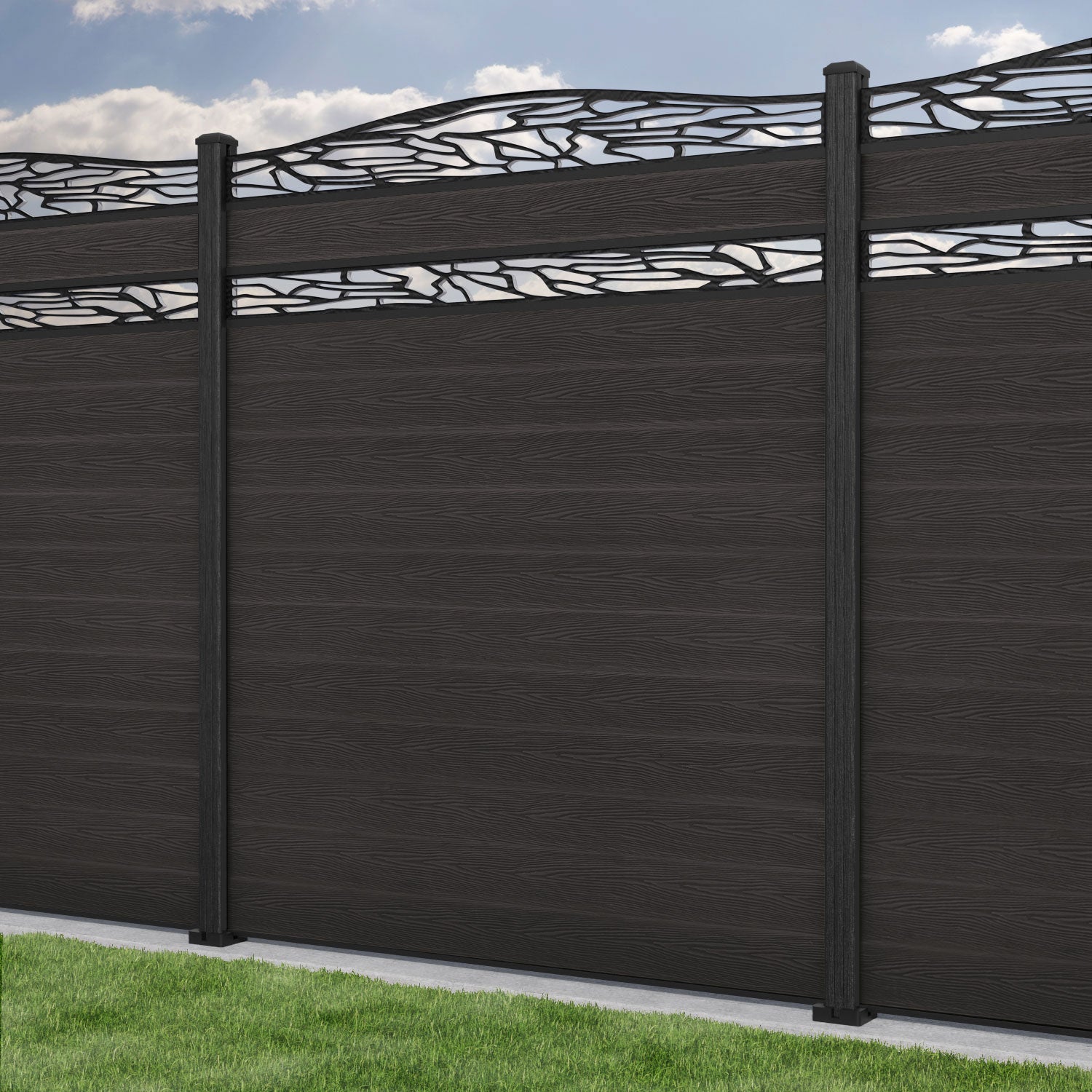 Classic Shatter Curved Top Split Screen Fence Panel - Dark Oak - with our composite posts