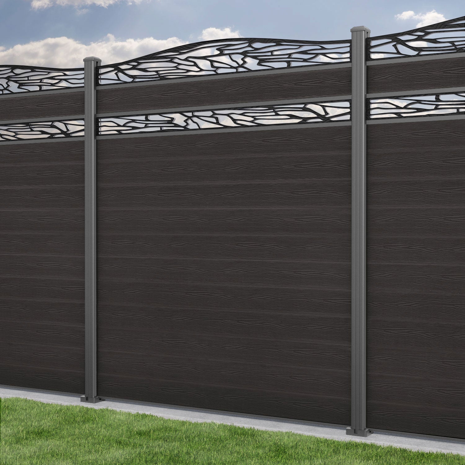 Classic Shatter Curved Top Split Screen Fence Panel - Dark Oak - with our aluminium posts