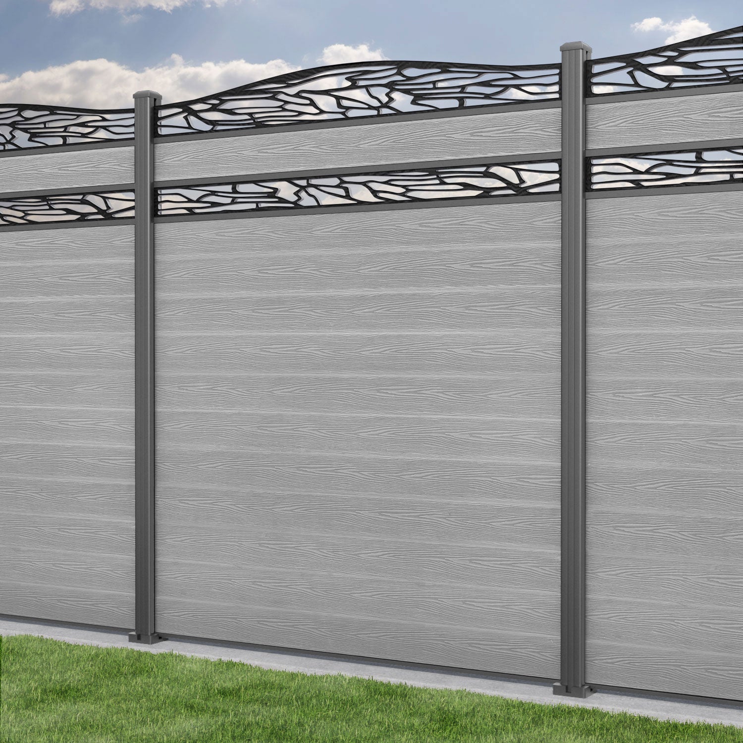 Classic Shatter Curved Top Split Screen Fence Panel - Light Grey - with our aluminium posts