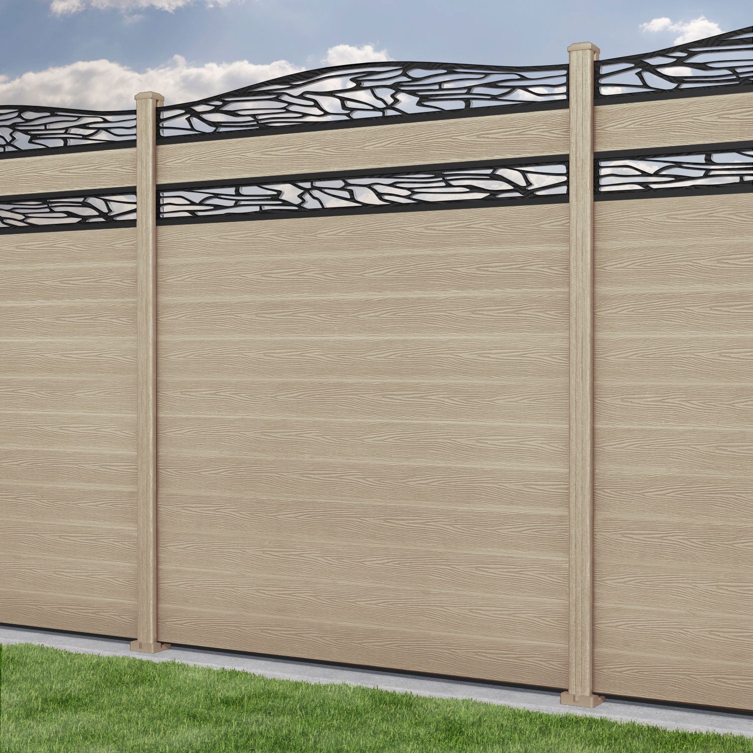 Classic Shatter Curved Top Split Screen Fence Panel - Light Oak - with our composite posts