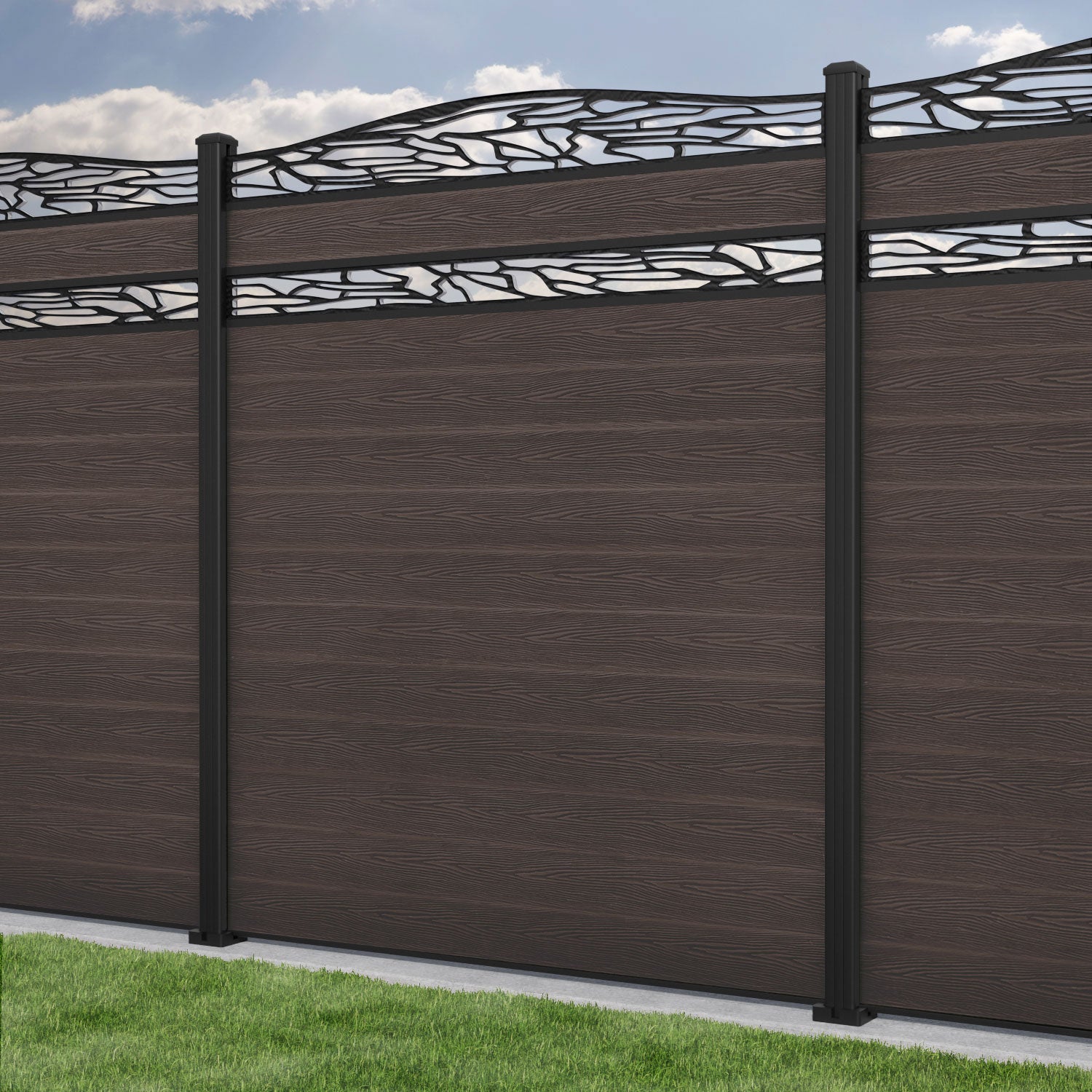 Classic Shatter Curved Top Split Screen Fence Panel - Mid Brown - with our aluminium posts