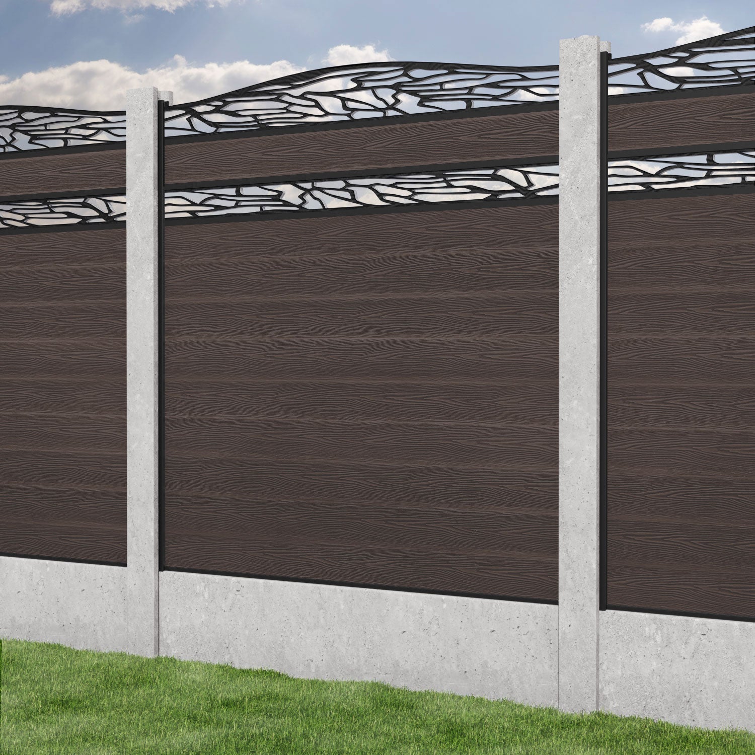 Classic Shatter Curved Top Split Screen Fence Panel - Mid Brown - for existing concrete posts