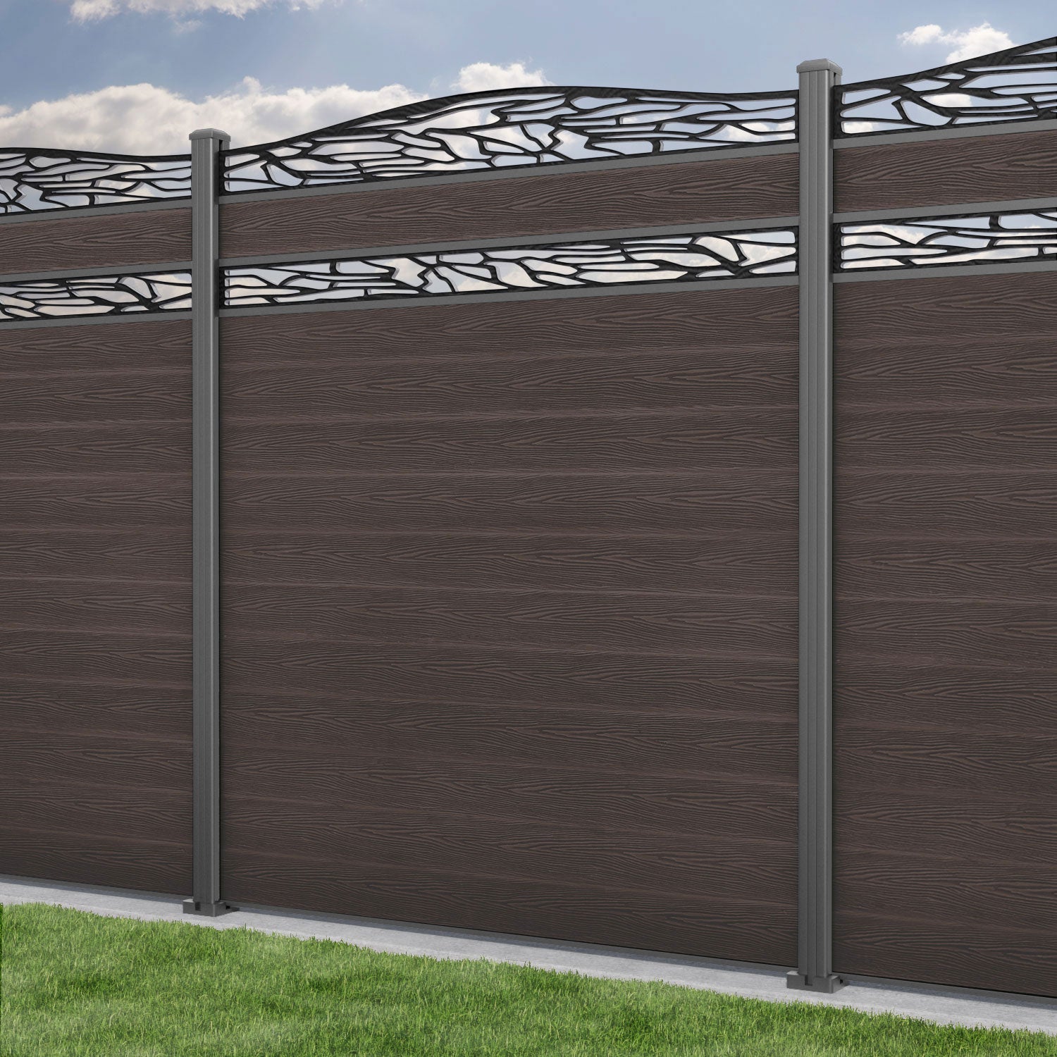 Classic Shatter Curved Top Split Screen Fence Panel - Mid Brown - with our aluminium posts
