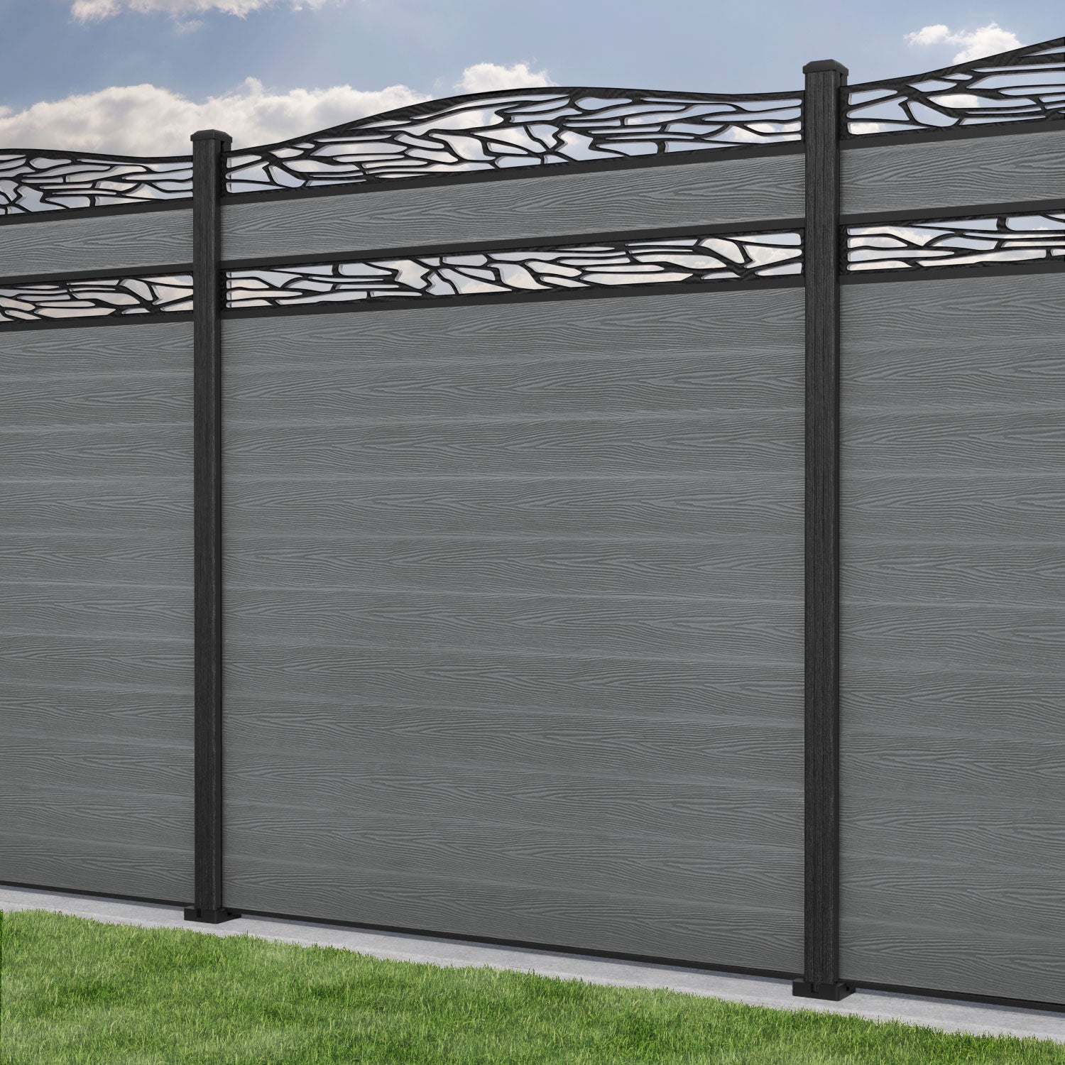Classic Shatter Curved Top Split Screen Fence Panel - Mid Grey - with our composite posts