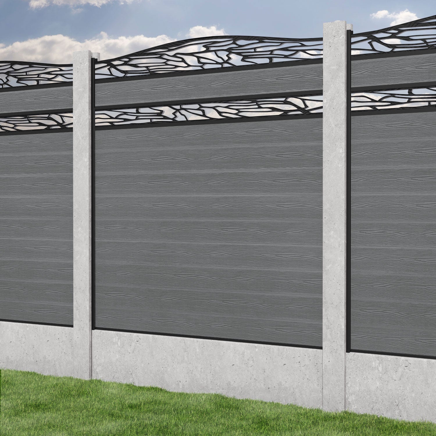 Classic Shatter Curved Top Split Screen Fence Panel - Mid Grey - for existing concrete posts