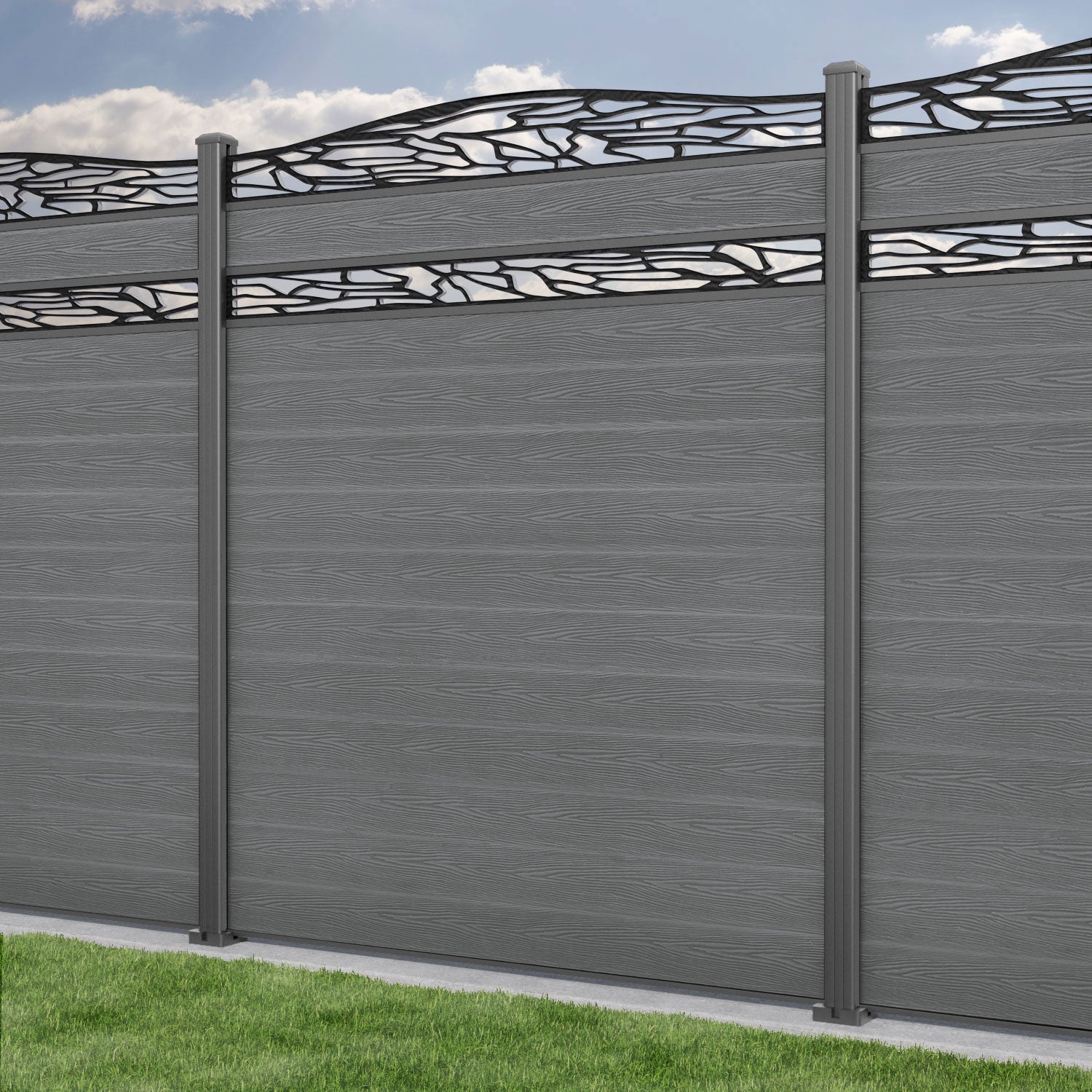 Classic Shatter Curved Top Split Screen Fence Panel - Mid Grey - with our aluminium posts