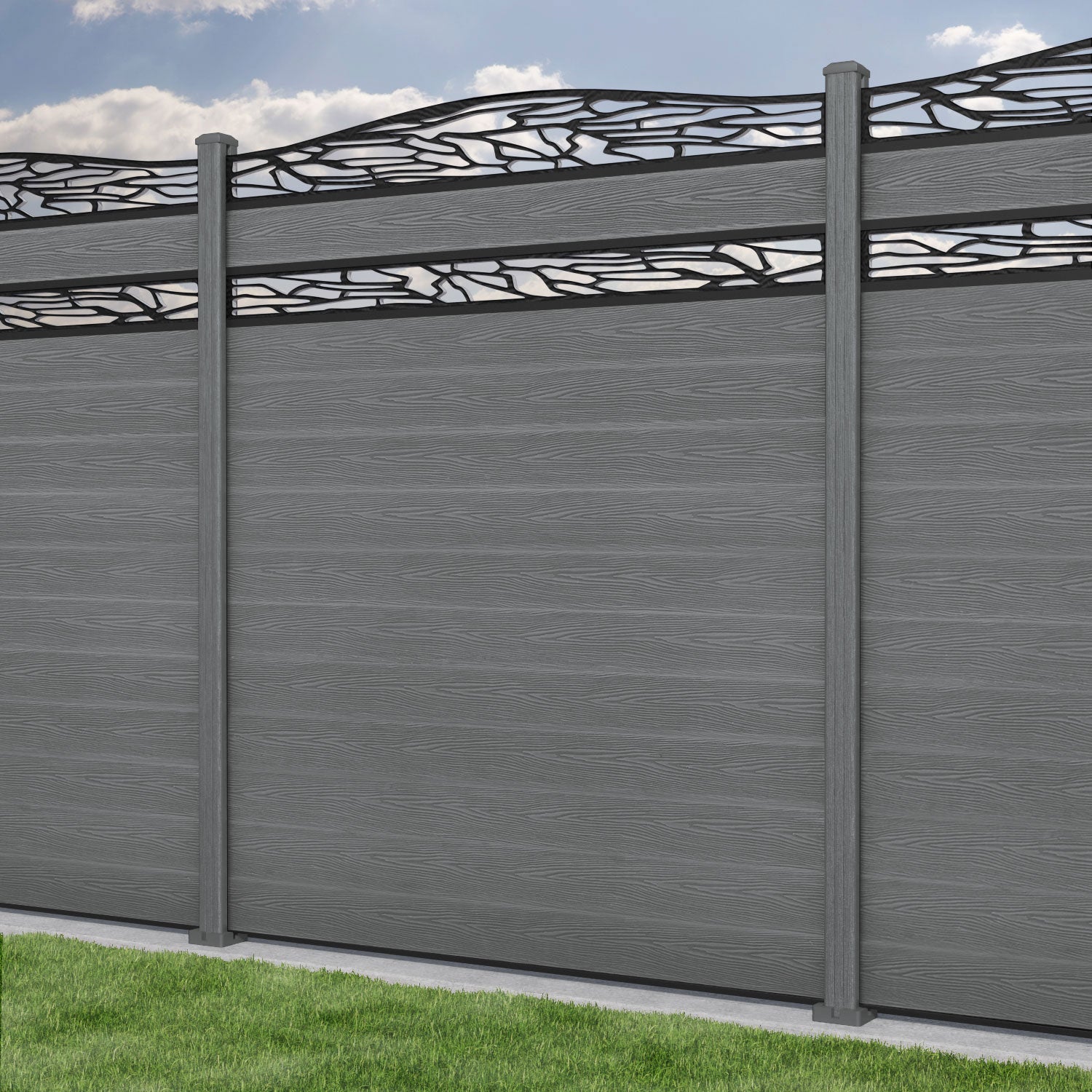Classic Shatter Curved Top Split Screen Fence Panel - Mid Grey - with our composite posts