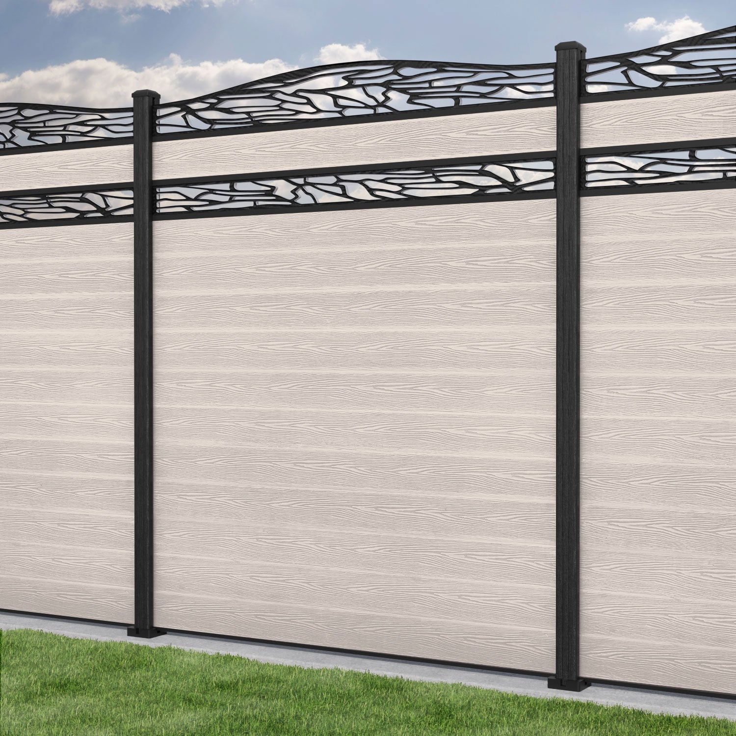 Classic Shatter Curved Top Split Screen Fence Panel - Mid Stone - with our composite posts