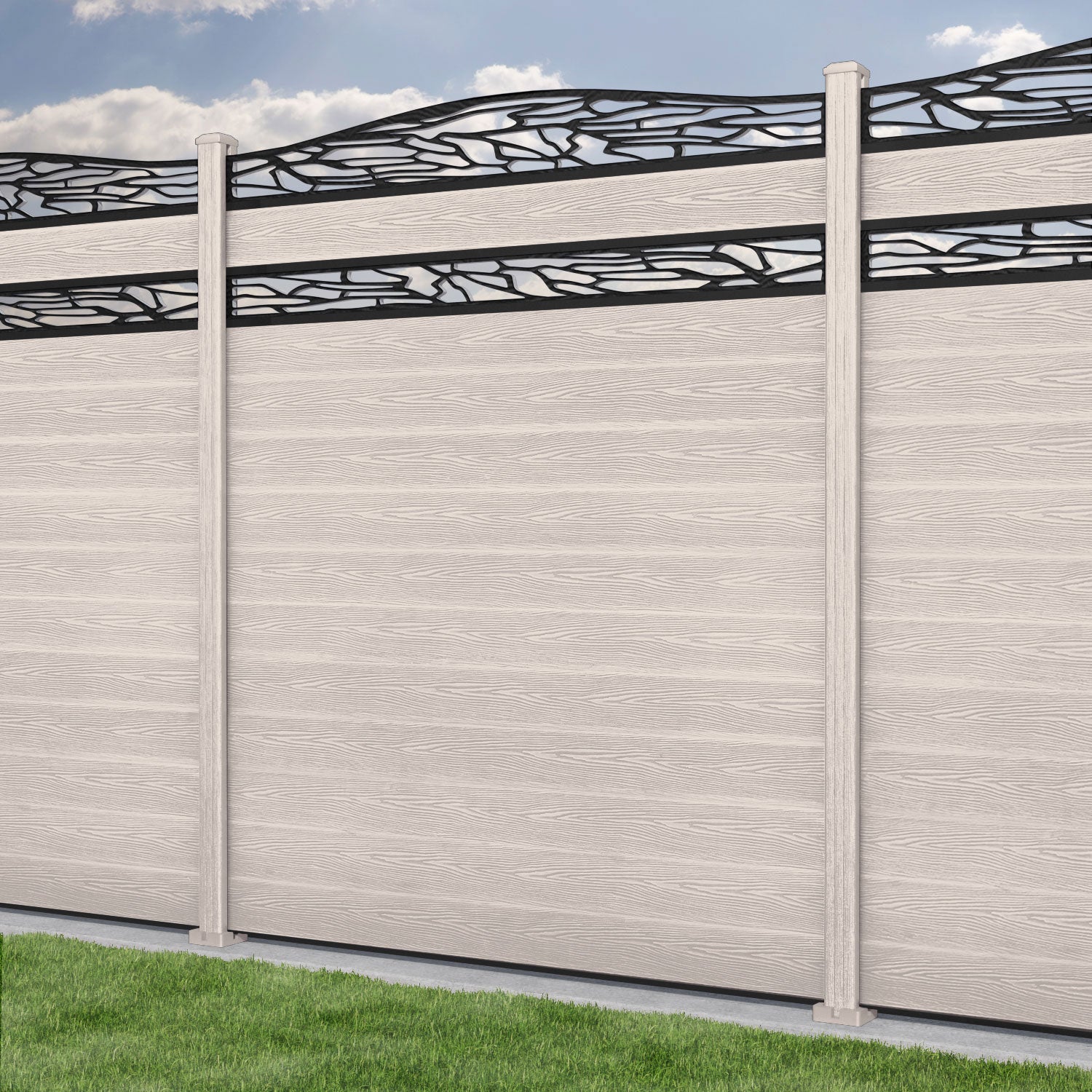 Classic Shatter Curved Top Split Screen Fence Panel - Mid Stone - with our composite posts