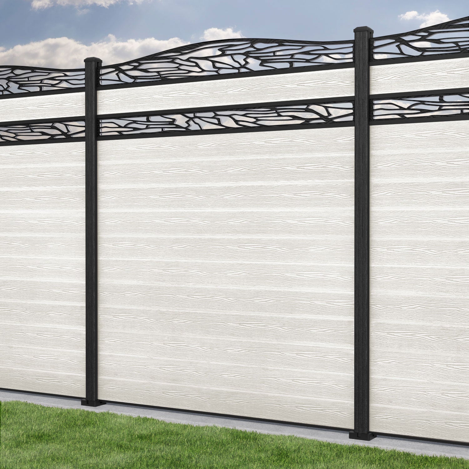 Classic Shatter Curved Top Split Screen Fence Panel - Light Stone - with our composite posts
