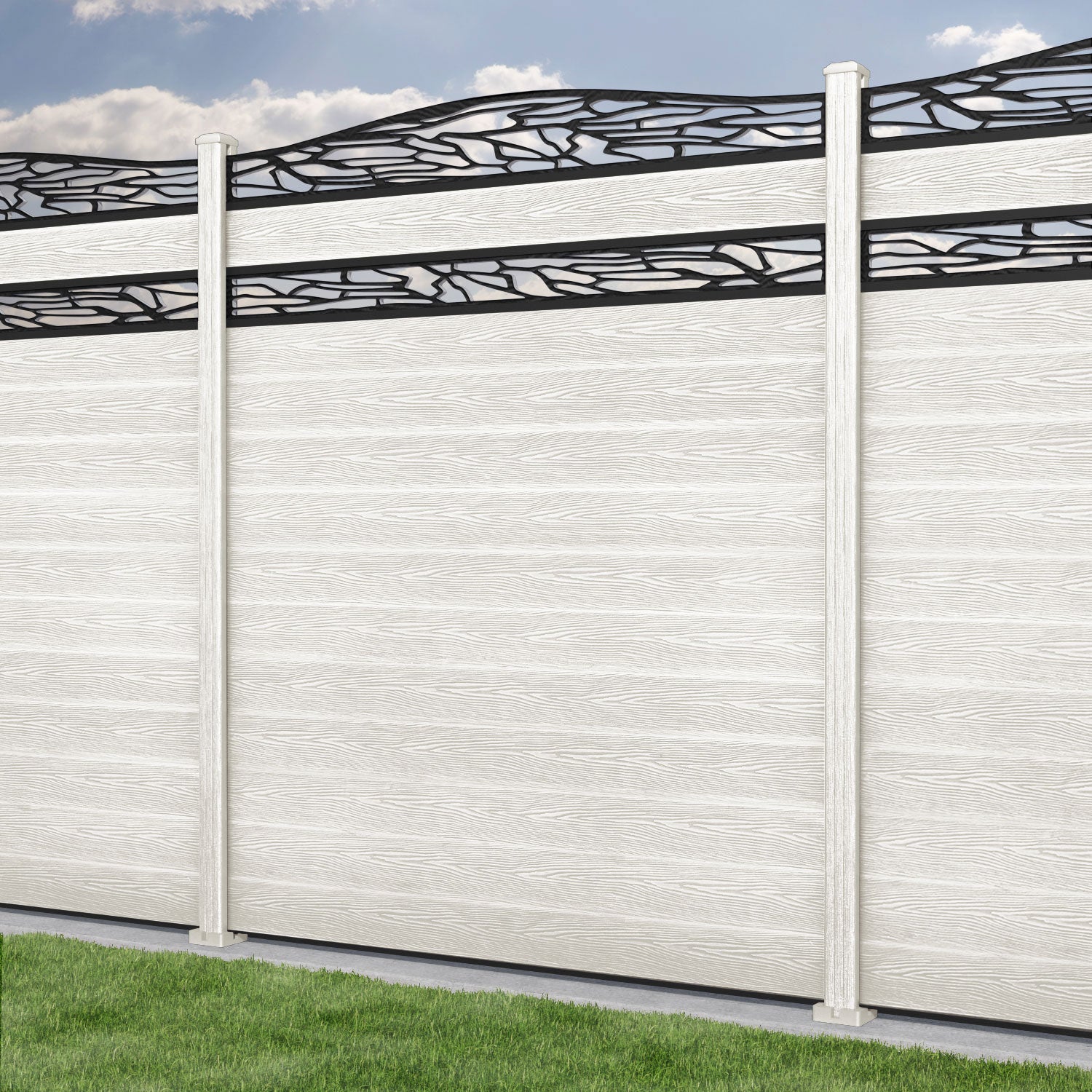 Classic Shatter Curved Top Split Screen Fence Panel - Light Stone - with our composite posts