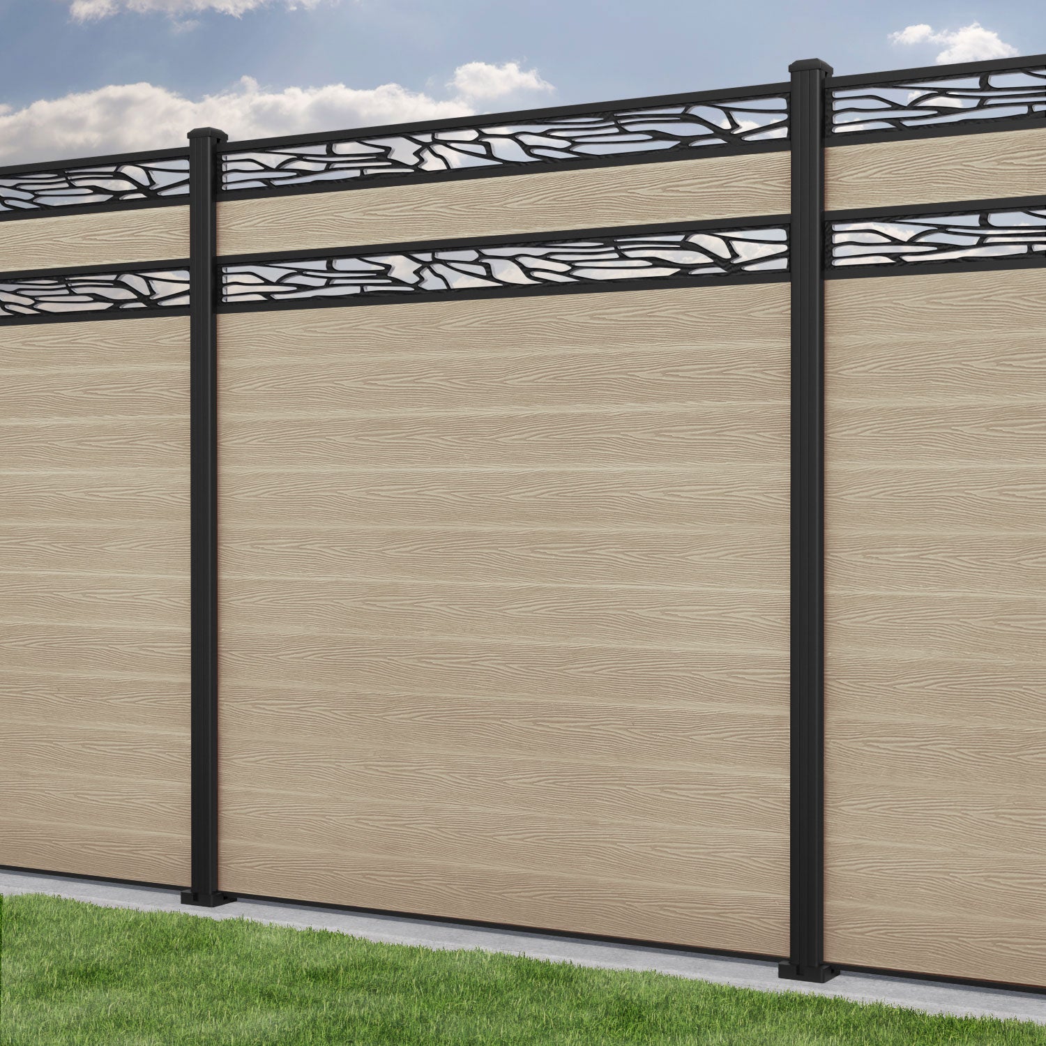 Classic Shatter Split Screen Fence Panel - Light Oak - with our aluminium posts