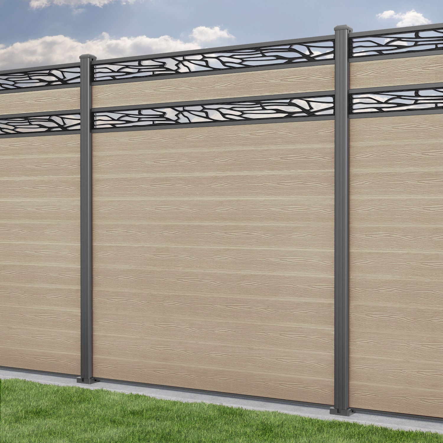 Classic Shatter Split Screen Fence Panel - Light Oak - with our aluminium posts